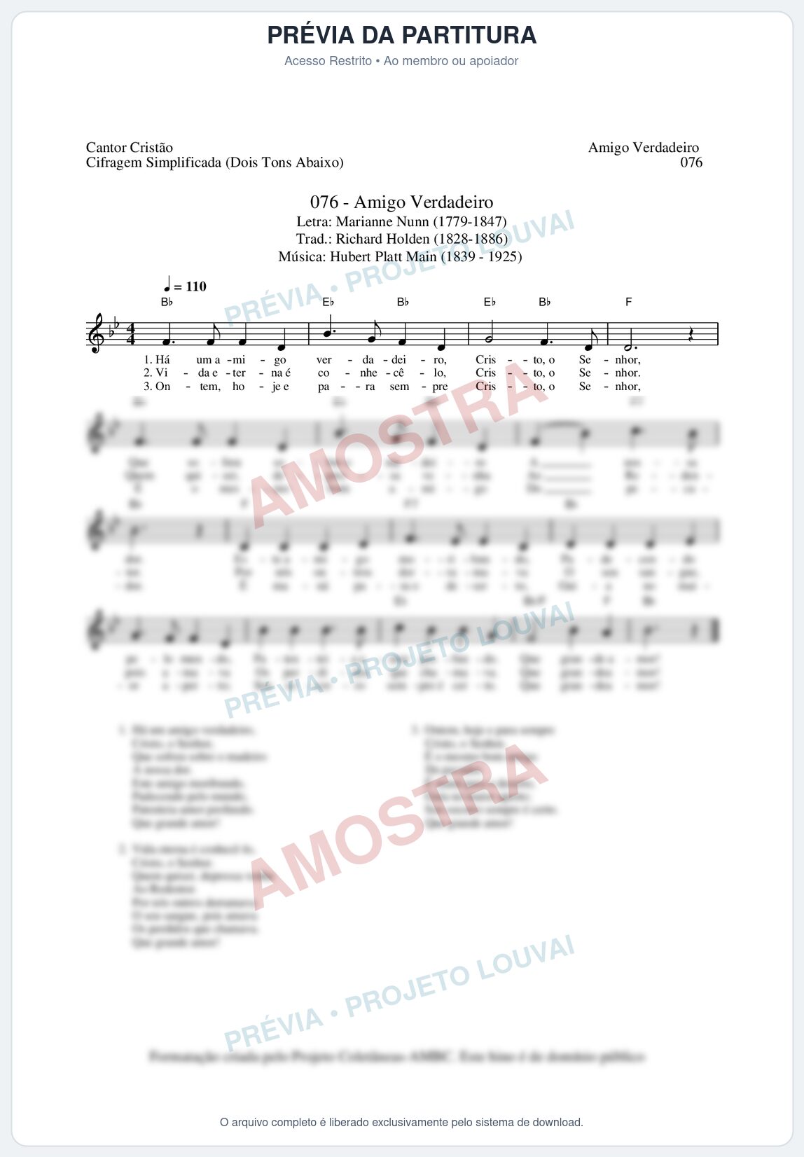 Prévia protegida da primeira página da partitura Partitura da música Amigo Verdadeiro (Cantor Cristão nº76) - Cantor Cristão - Tom Bb