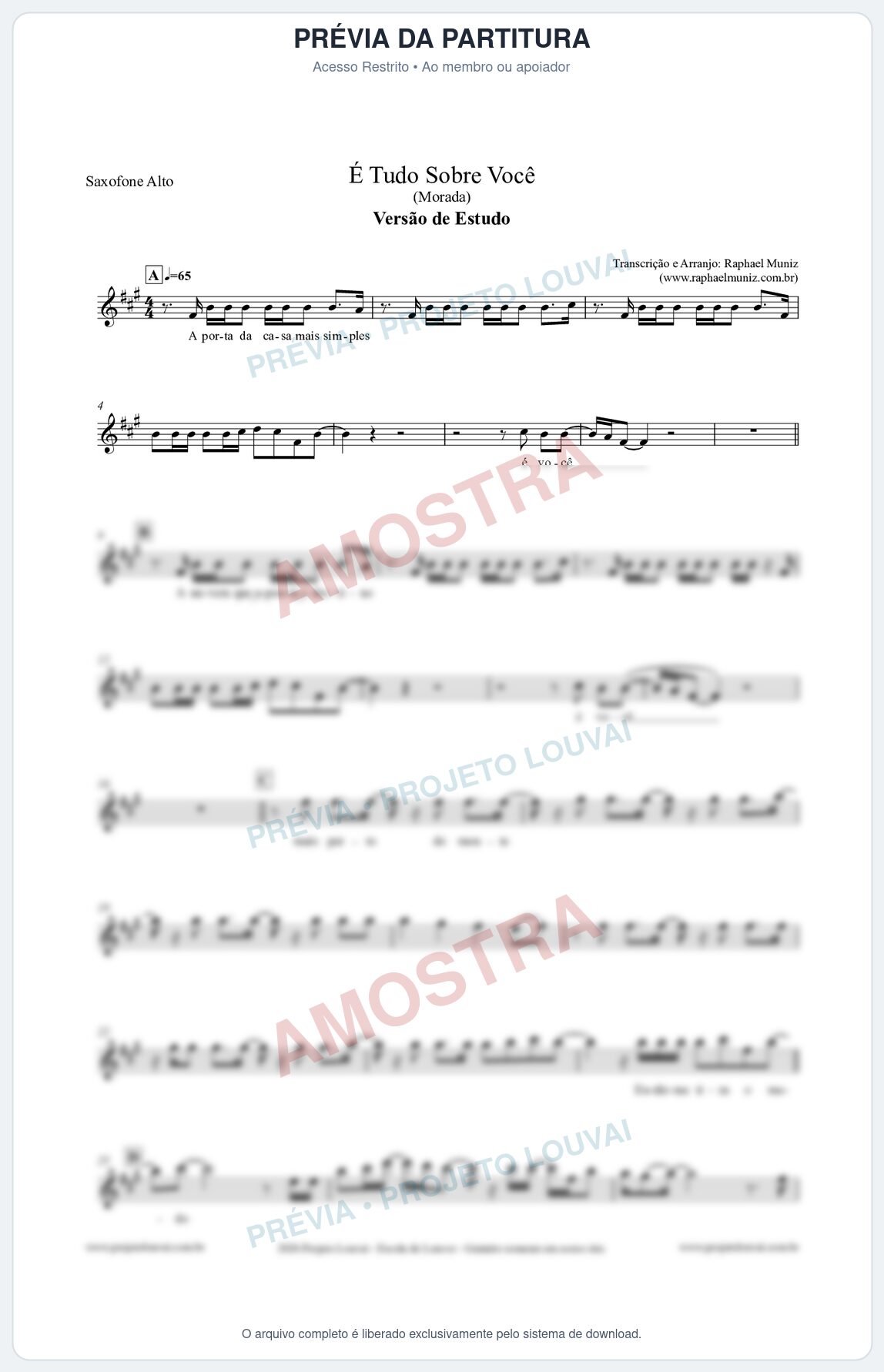 Prévia protegida da primeira página da partitura Partitura para Saxofone Alto - É Tudo Sobre Você (Versão de Estudo) - Morada