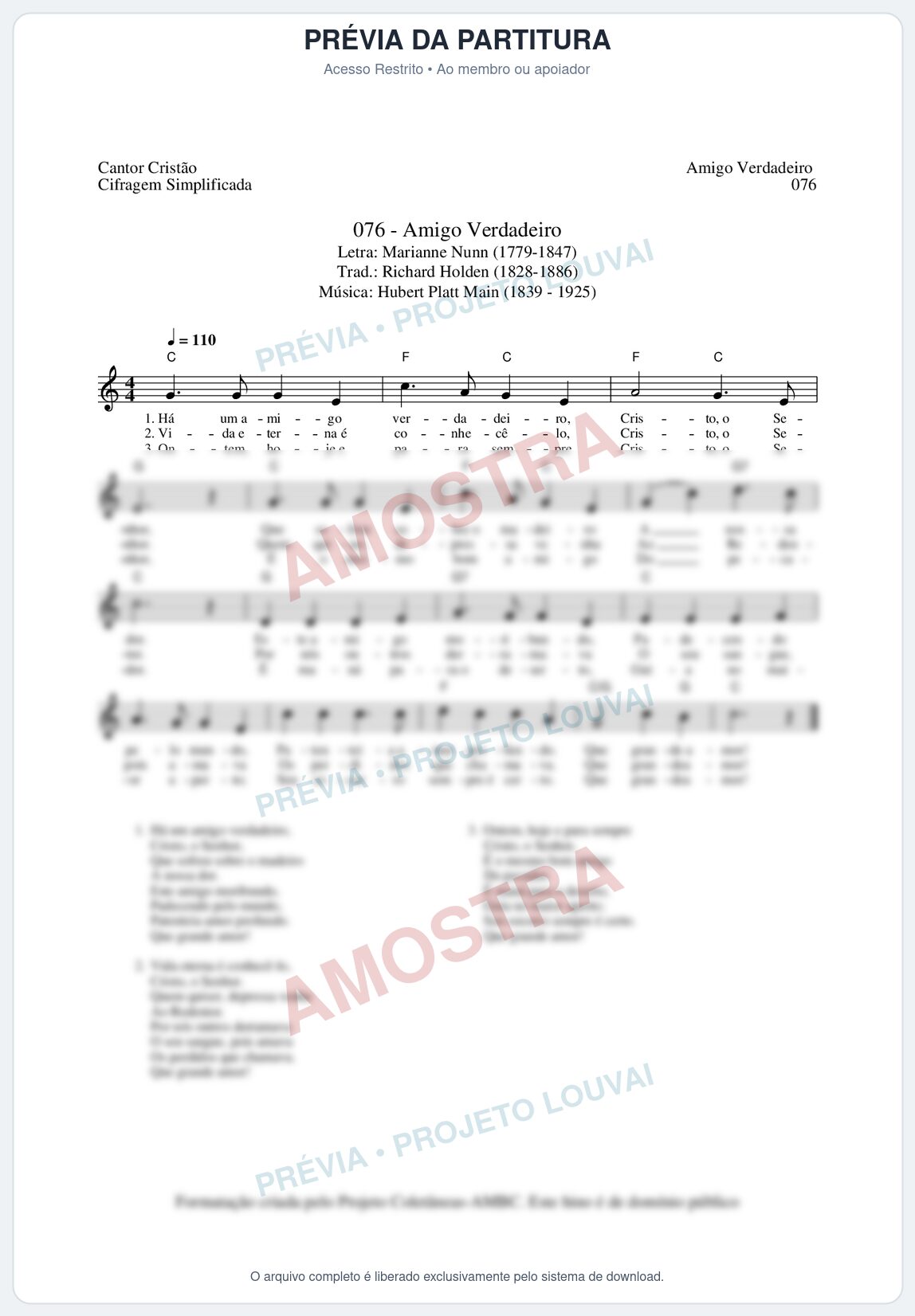 Prévia protegida da primeira página da partitura Partitura da música Amigo Verdadeiro (Cantor Cristão nº76) - Cantor Cristão - Tom C