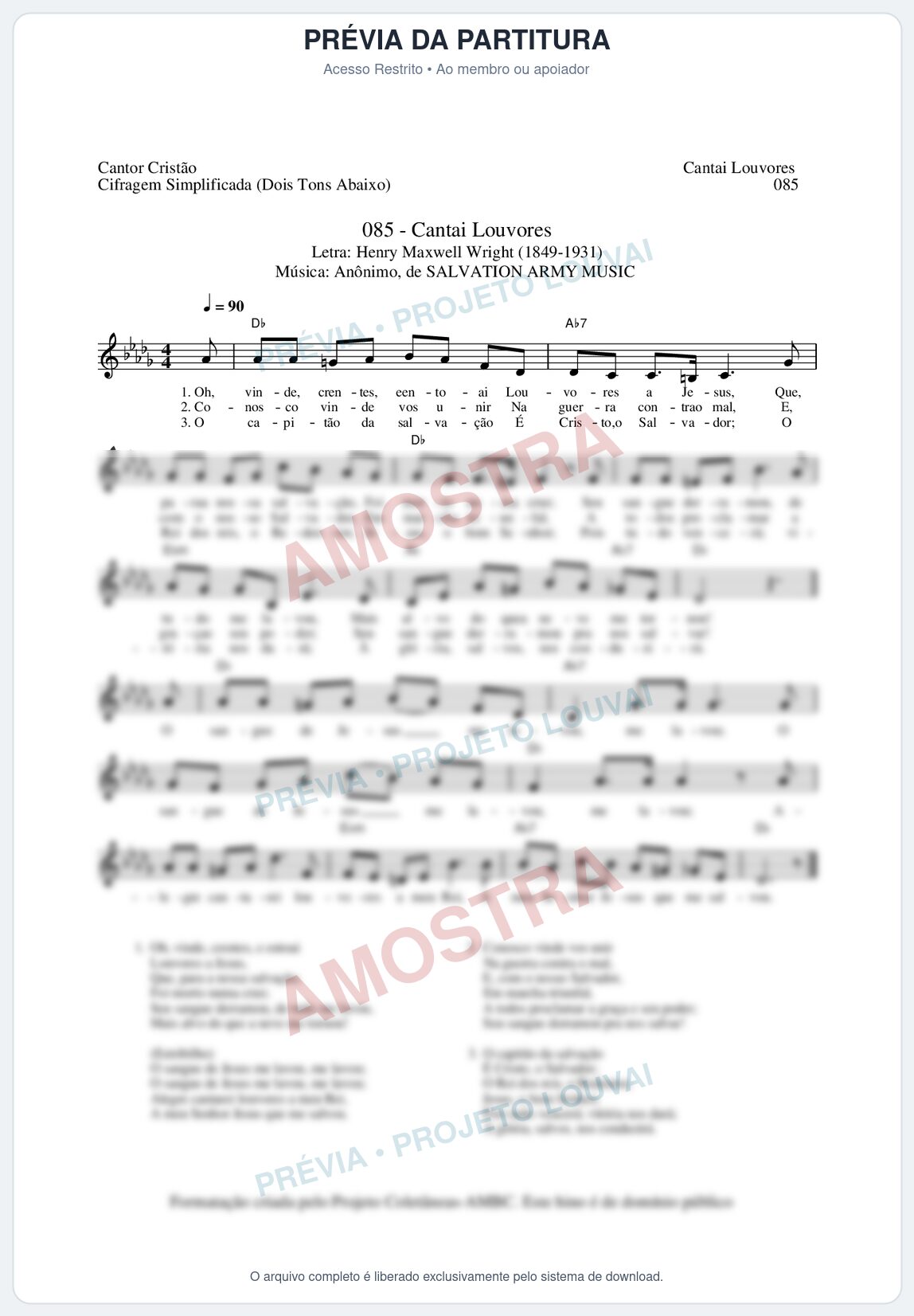 Prévia protegida da primeira página da partitura Partitura da música Cantai Louvores (Cantor Cristão nº85) - Cantor Cristão - Tom Db