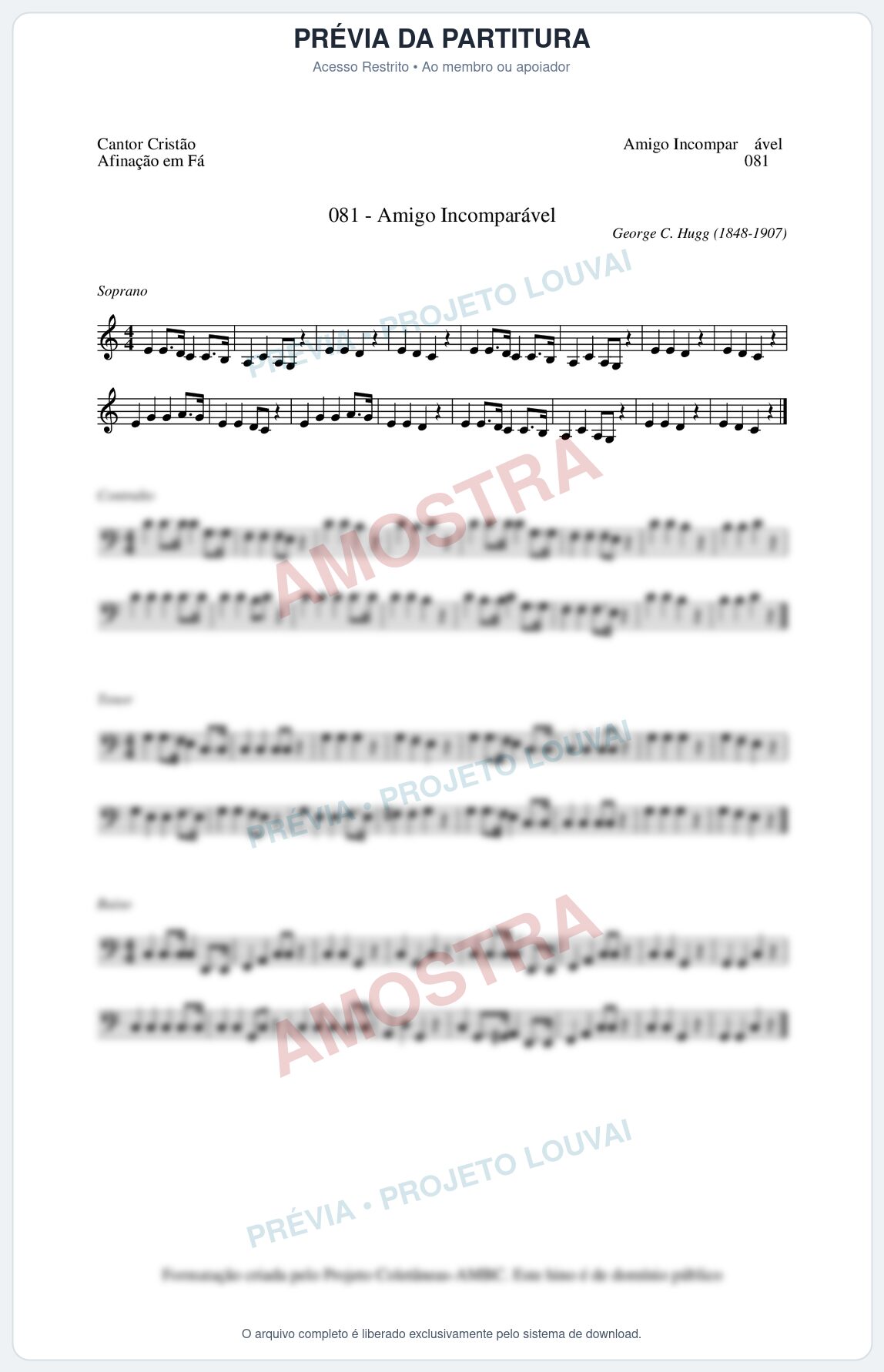 Prévia protegida da primeira página da partitura Partitura da música Amor Incomparável (Cantor Cristão nº81) - Cantor Cristão - Tom C