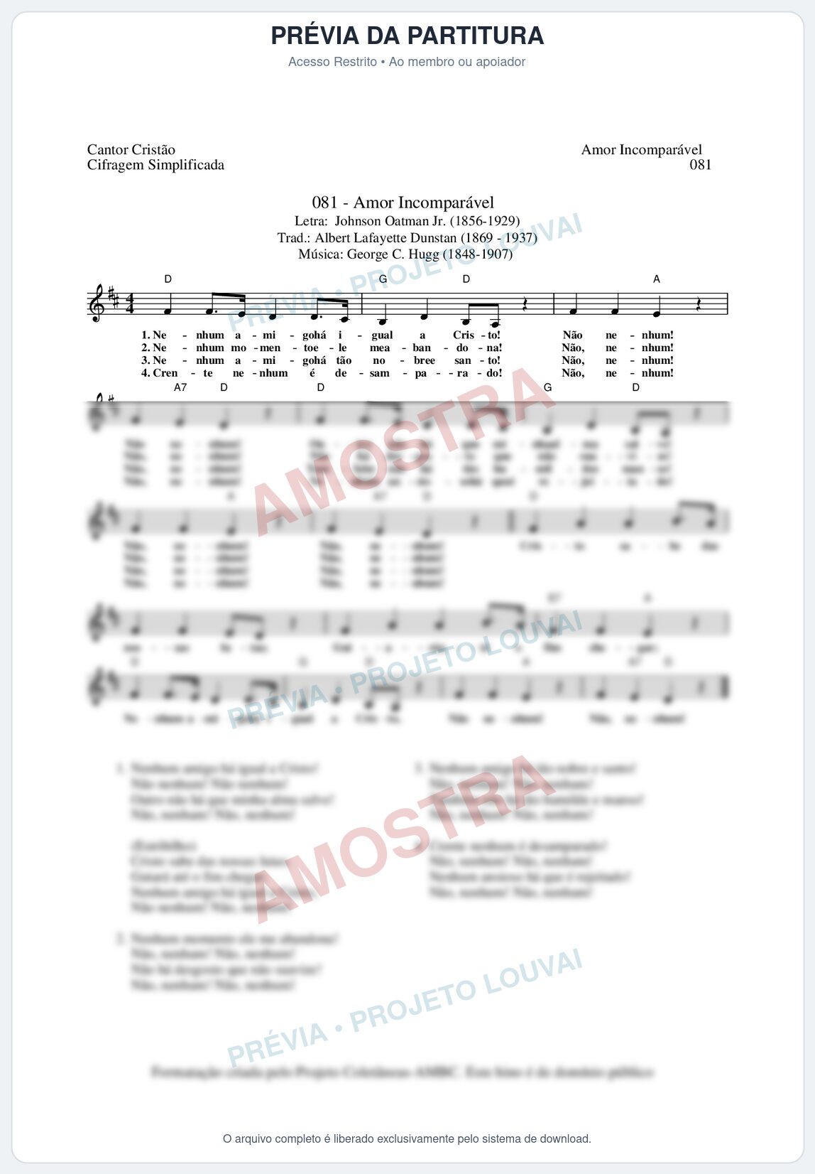 Prévia protegida da primeira página da partitura Partitura da música Amor Incomparável (Cantor Cristão nº81) - Cantor Cristão - Tom D