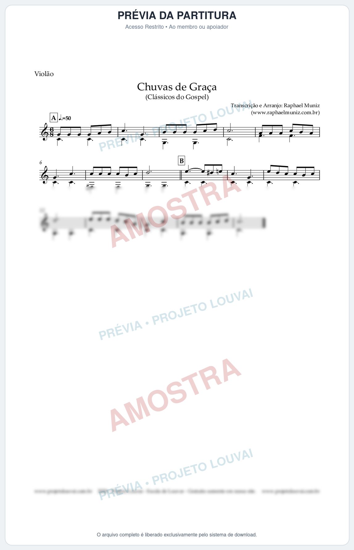 Prévia protegida da primeira página da partitura Partitura para Violão - Chuvas de Graça (Facilitado - Fingerstyle) - Harpa Cristã nº1 - Clássicos do