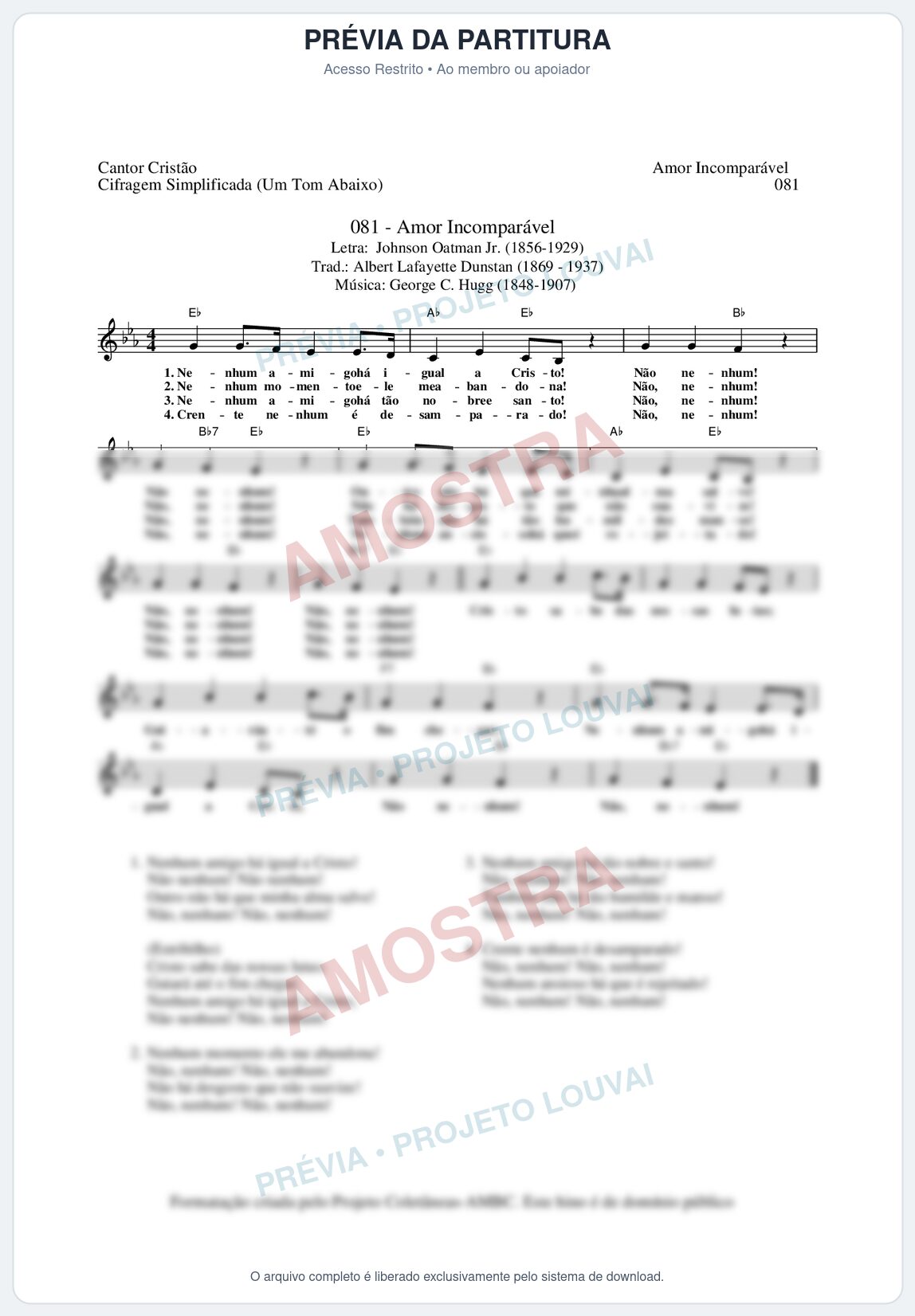 Prévia protegida da primeira página da partitura Partitura da música Amor Incomparável (Cantor Cristão nº81) - Cantor Cristão - Tom Eb