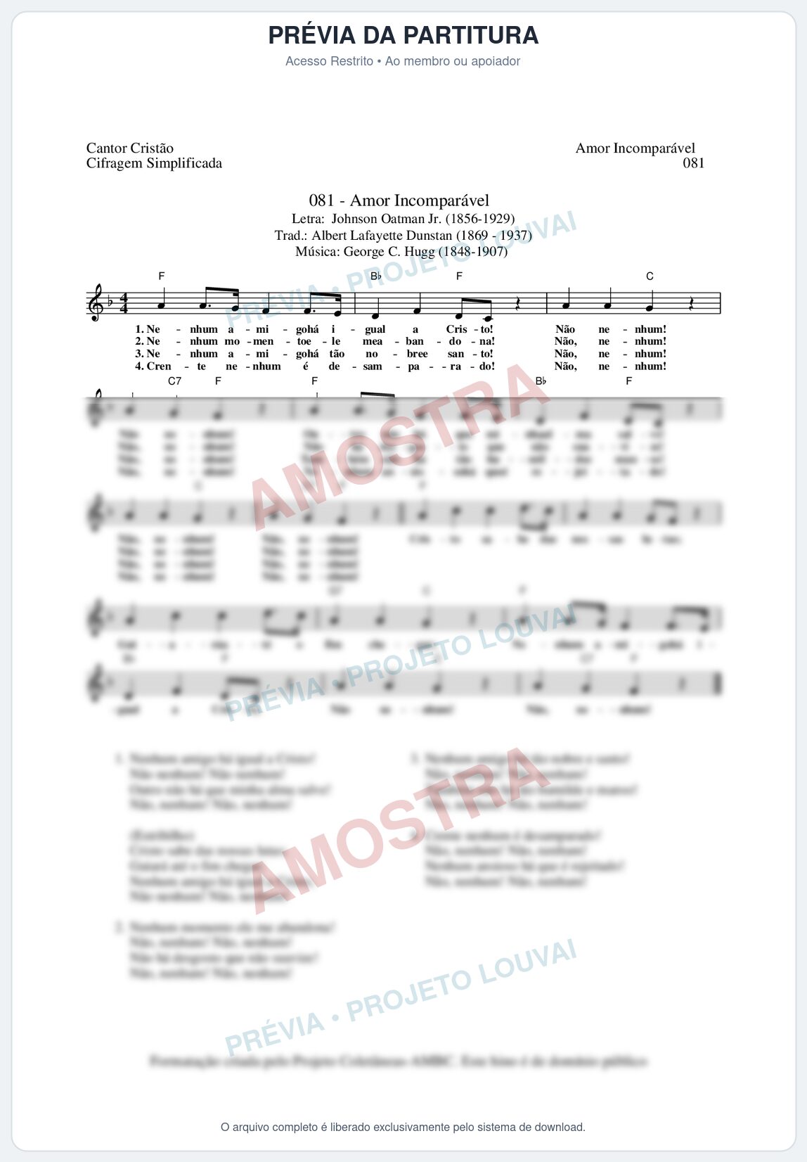 Prévia protegida da primeira página da partitura Partitura da música Amor Incomparável (Cantor Cristão nº81) - Cantor Cristão - Tom F