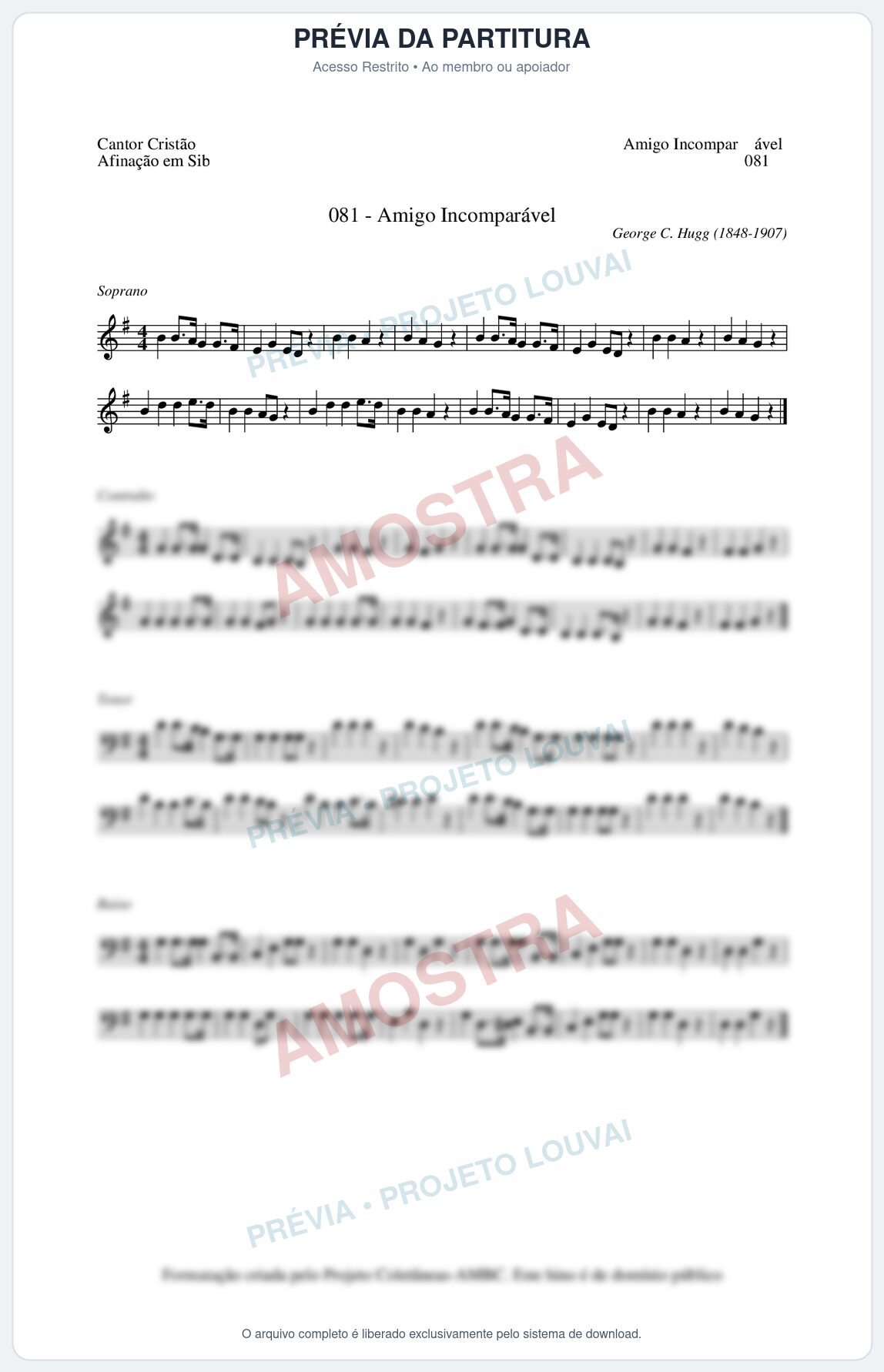 Prévia protegida da primeira página da partitura Partitura da música Amor Incomparável (Cantor Cristão nº81) - Cantor Cristão - Tom G