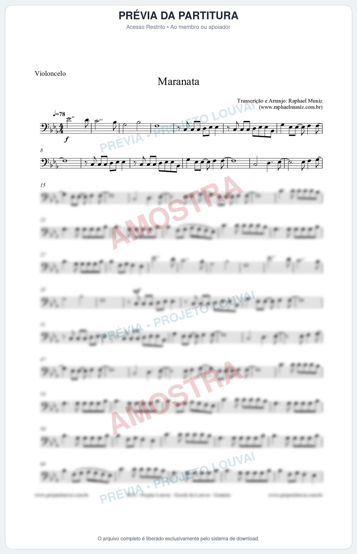 Prévia protegida da primeira página da partitura Partitura para Violoncelo - Maranata - Ministério Avivah