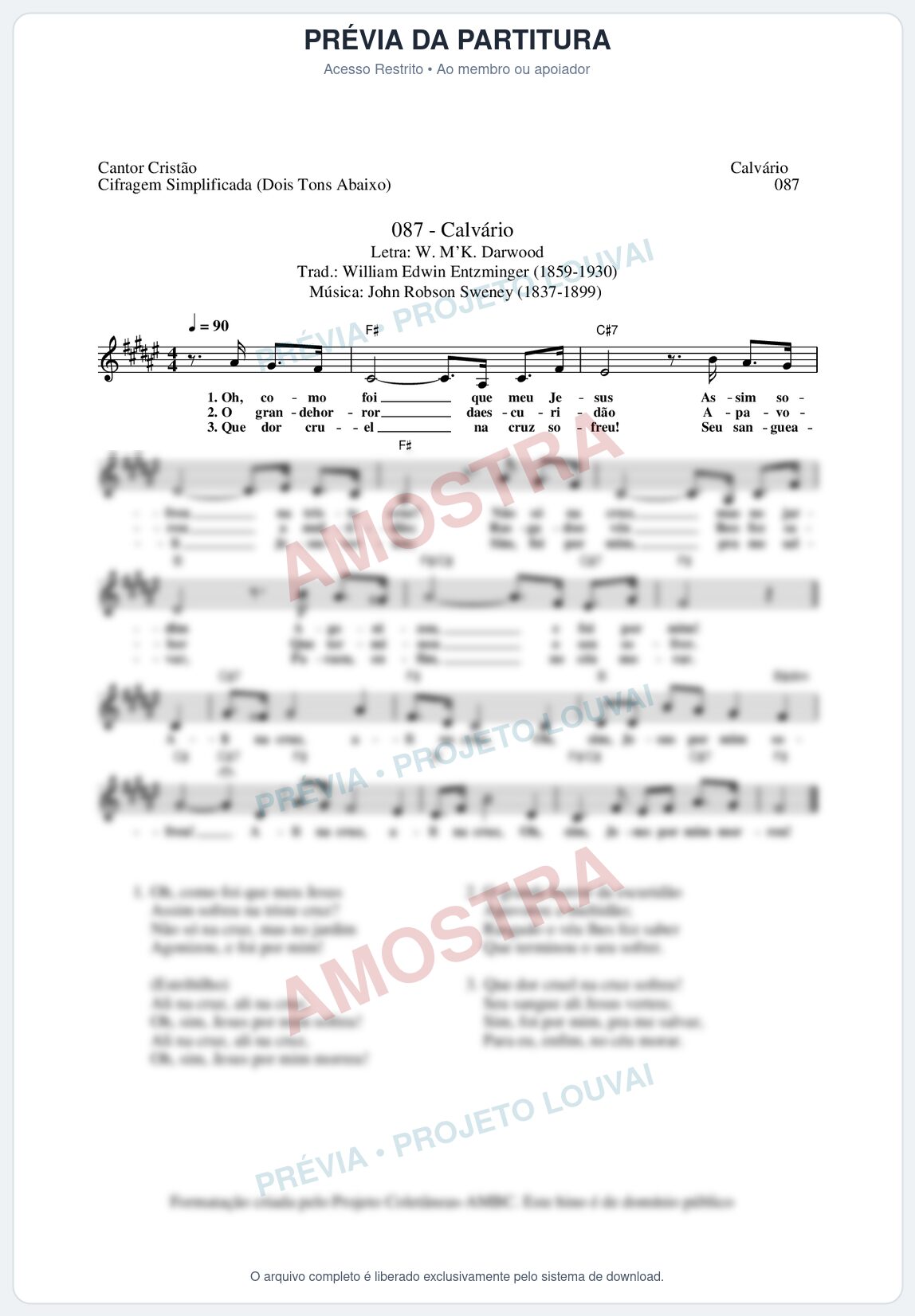 Prévia protegida da primeira página da partitura Partitura da música Calvário (Cantor Cristão nº87) - Cantor Cristão - Tom F#