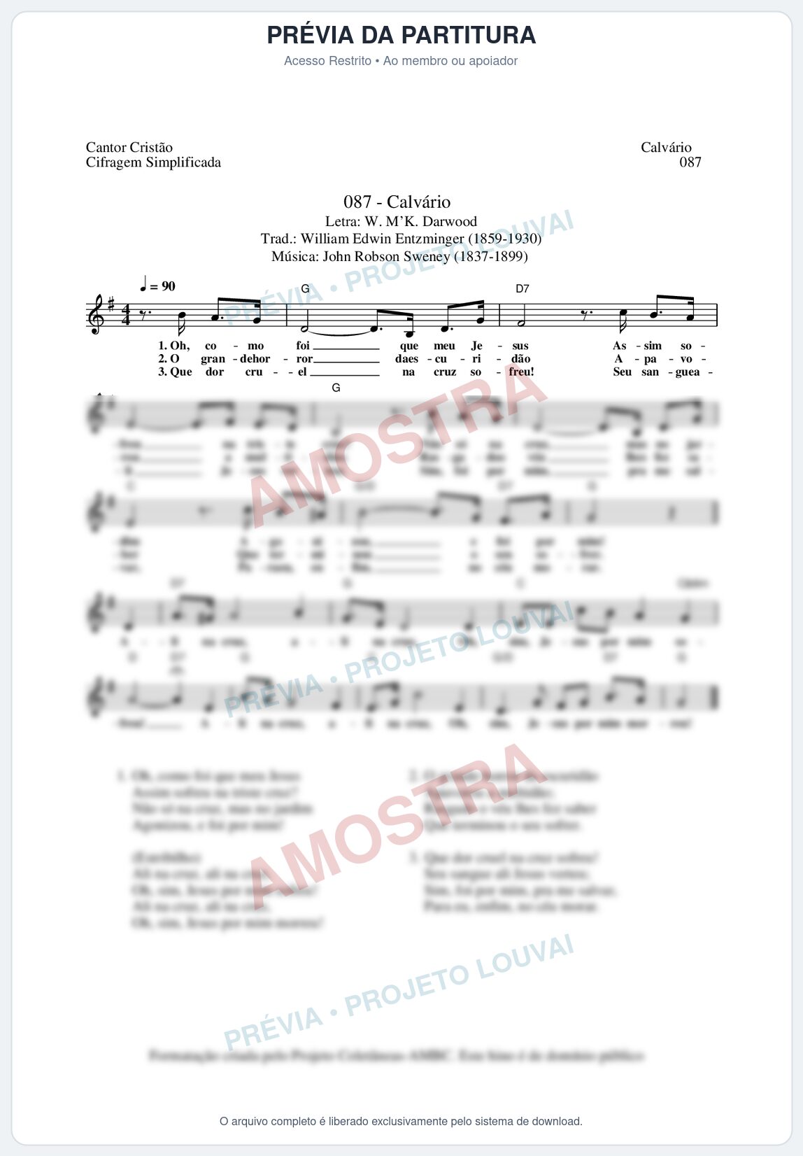 Prévia protegida da primeira página da partitura Partitura da música Calvário (Cantor Cristão nº87) - Cantor Cristão - Tom G
