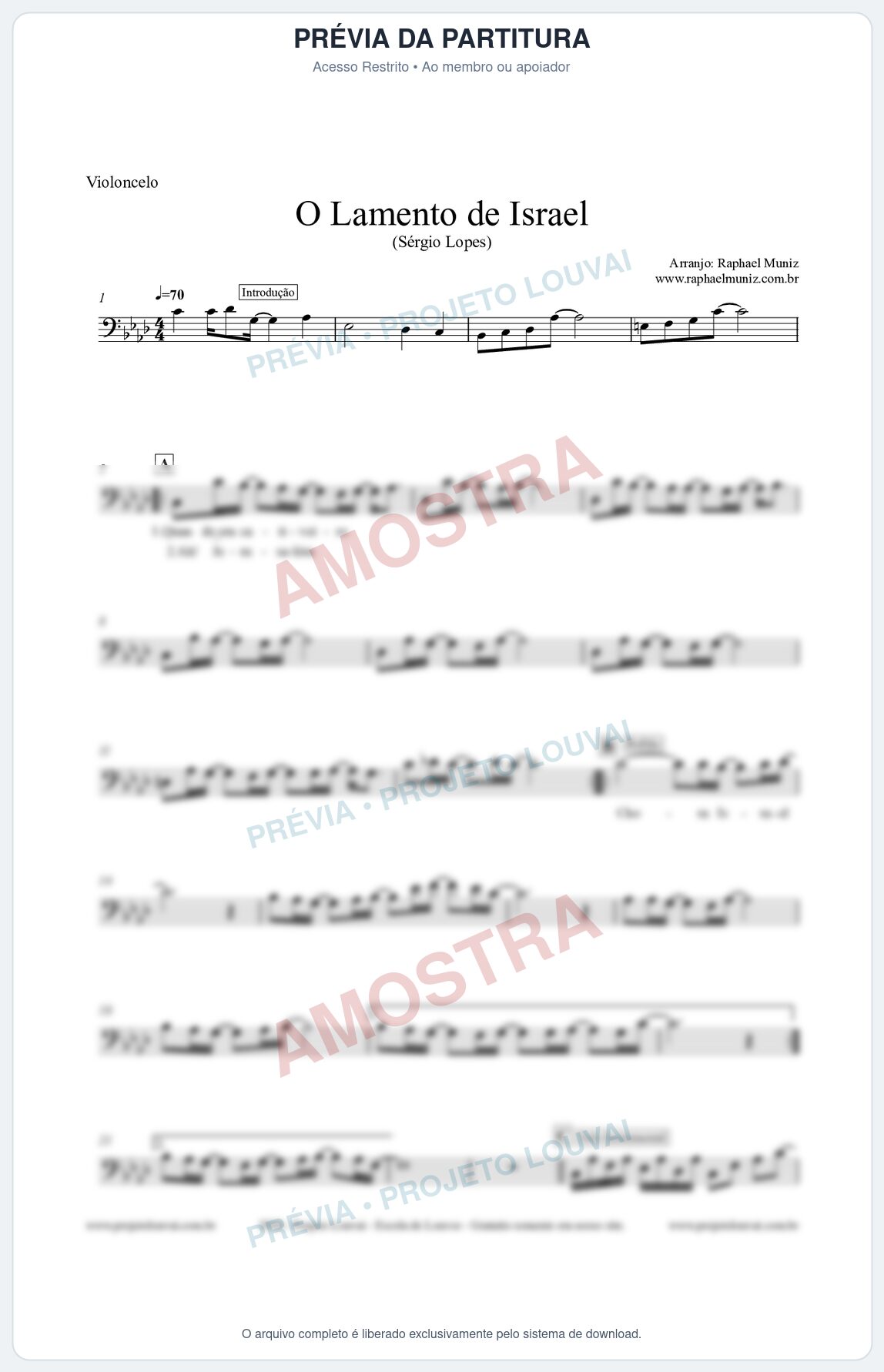 Prévia protegida da primeira página da partitura Partitura para Violoncelo - O Lamento de Israel - Sérgio Lopes