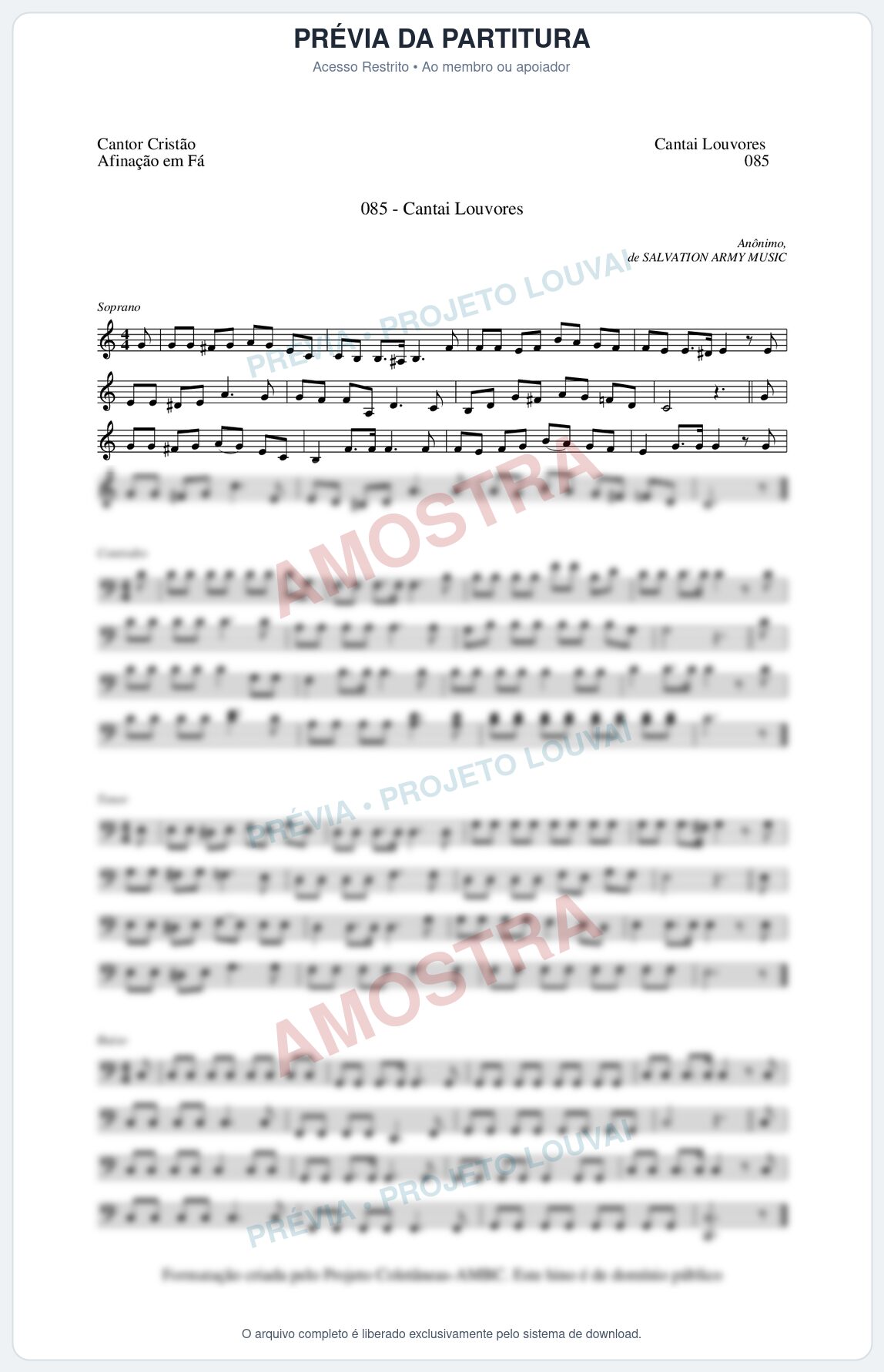 Prévia protegida da primeira página da partitura Partitura da música Cantai Louvores (Cantor Cristão nº85) - Cantor Cristão - Tom C