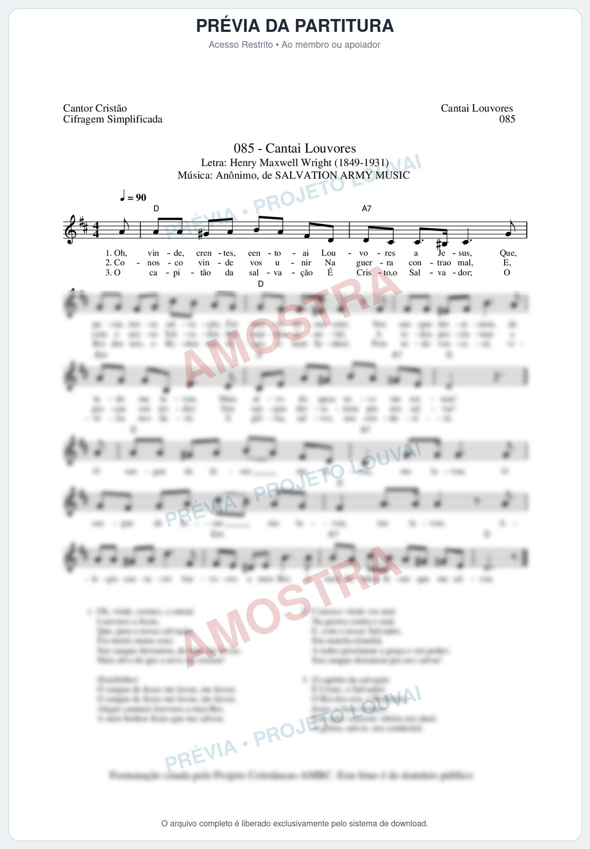 Prévia protegida da primeira página da partitura Partitura da música Cantai Louvores (Cantor Cristão nº85) - Cantor Cristão - Tom D