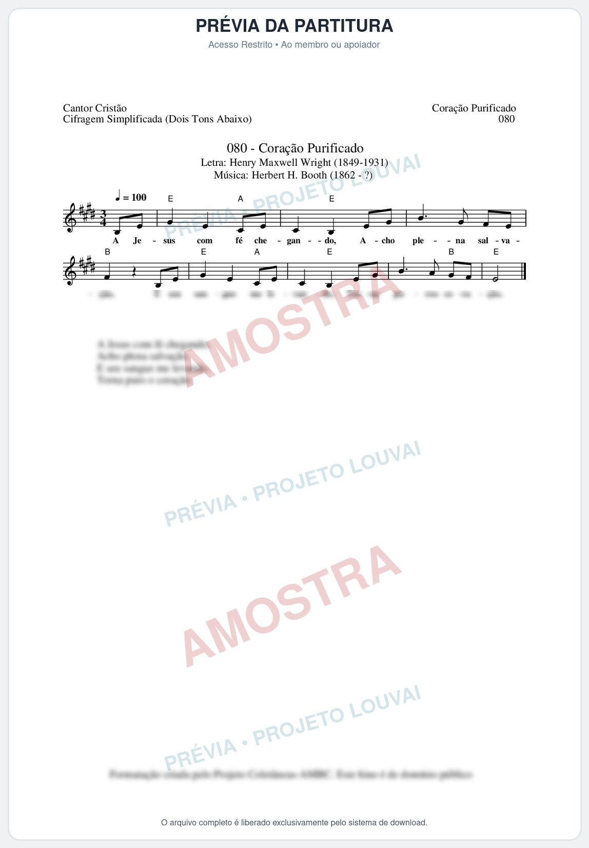 Prévia protegida da primeira página da partitura Partitura da música Coração Purificado (Cantor Cristão nº80) - Cantor Cristão - Tom E