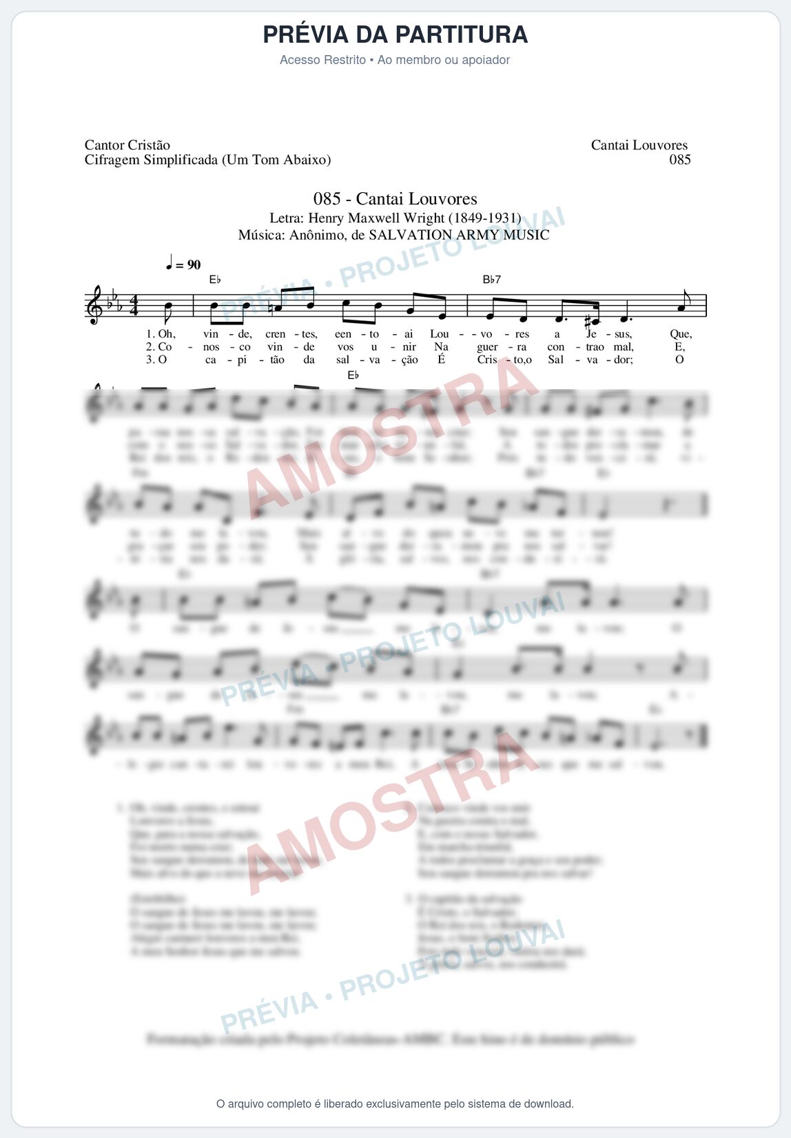 Prévia protegida da primeira página da partitura Partitura da música Cantai Louvores (Cantor Cristão nº85) - Cantor Cristão - Tom Eb