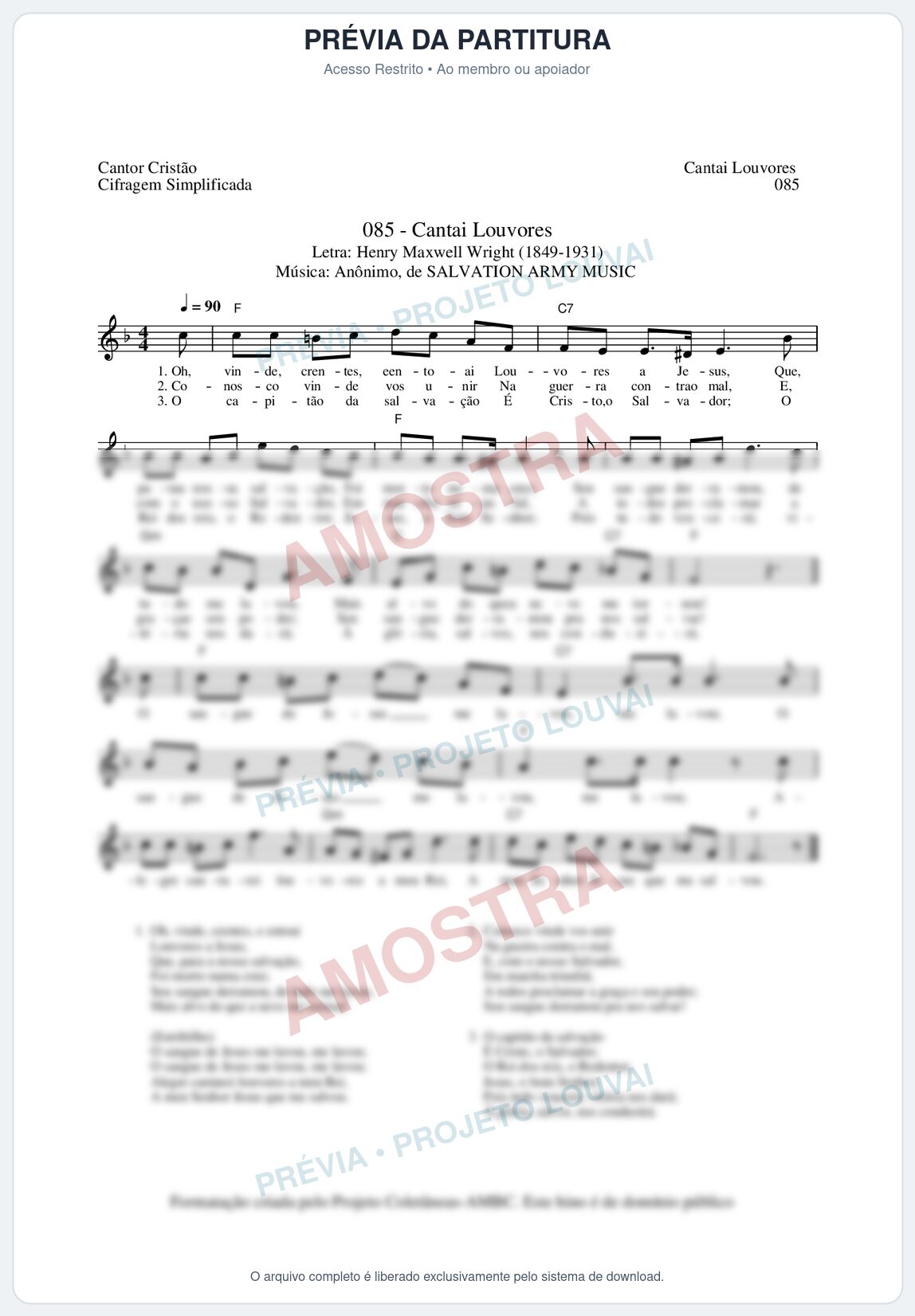 Prévia protegida da primeira página da partitura Partitura da música Cantai Louvores (Cantor Cristão nº85) - Cantor Cristão - Tom F