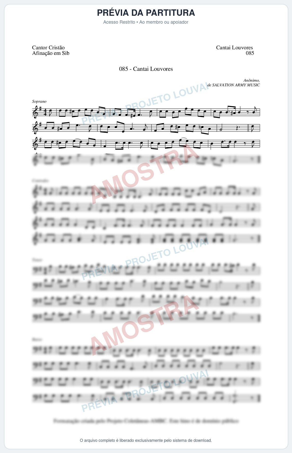 Prévia protegida da primeira página da partitura Partitura da música Cantai Louvores (Cantor Cristão nº85) - Cantor Cristão - Tom G