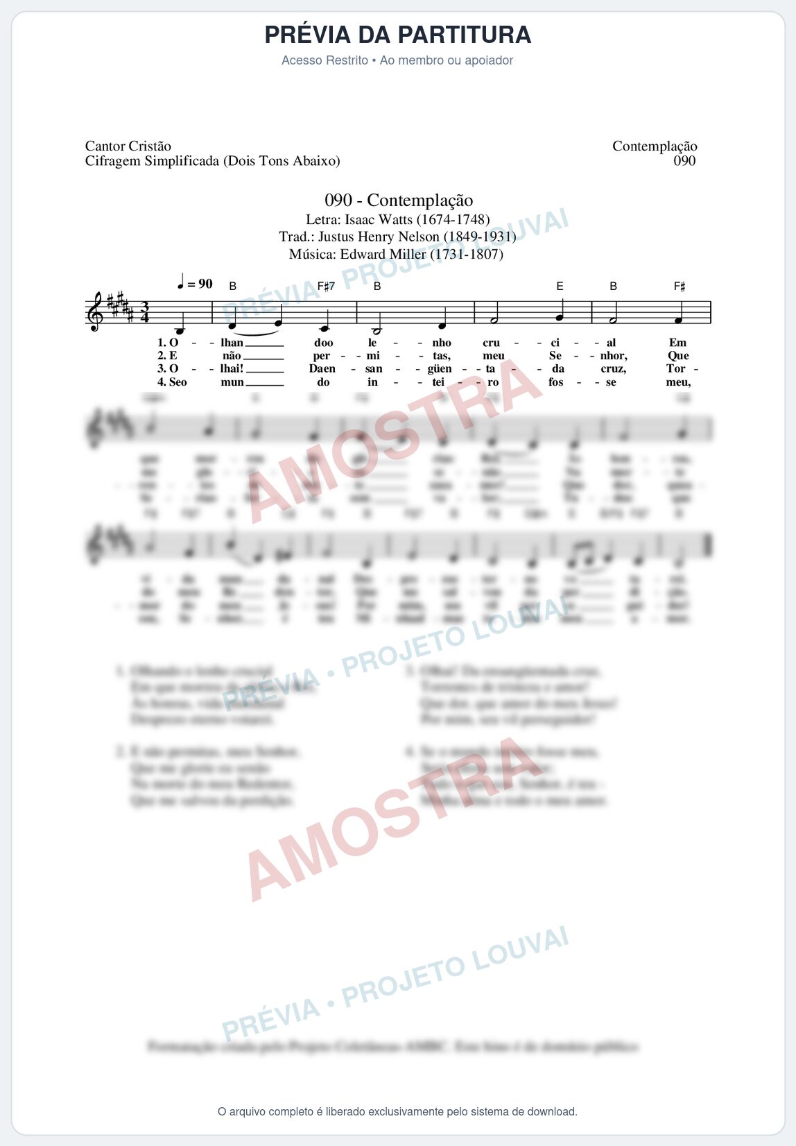 Prévia protegida da primeira página da partitura Partitura da música Contemplação (Cantor Cristão nº90) - Cantor Cristão - Tom B