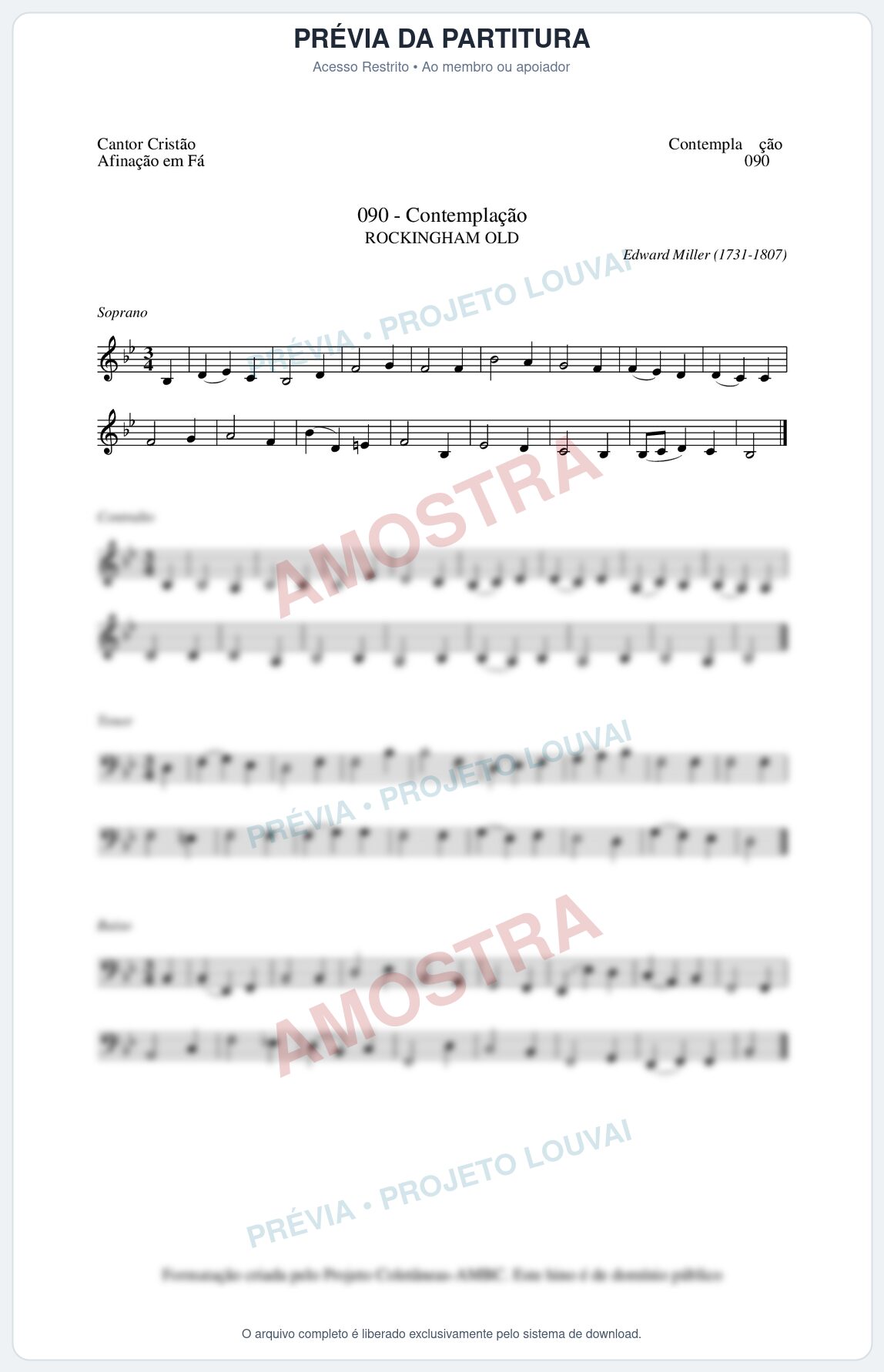 Prévia protegida da primeira página da partitura Partitura da música Contemplação (Cantor Cristão nº90) - Cantor Cristão - Tom Bb