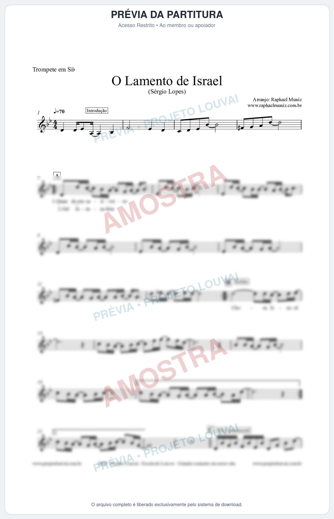 Prévia protegida da primeira página da partitura Partitura para Trompete em Bb - O Lamento de Israel - Sérgio Lopes