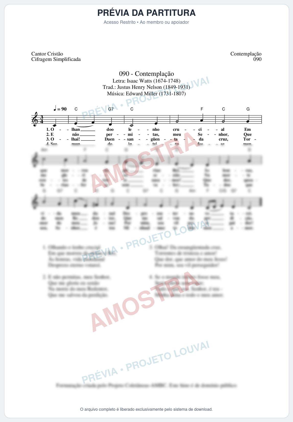 Prévia protegida da primeira página da partitura Partitura da música Contemplação (Cantor Cristão nº90) - Cantor Cristão - Tom C
