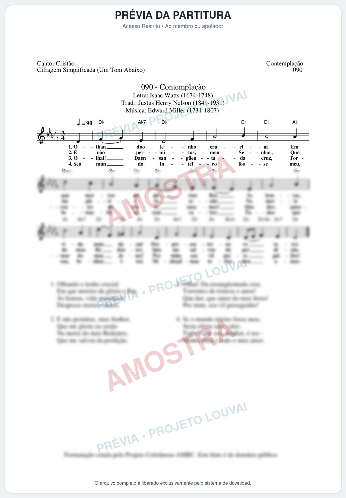 Prévia protegida da primeira página da partitura Partitura da música Contemplação (Cantor Cristão nº90) - Cantor Cristão - Tom Db