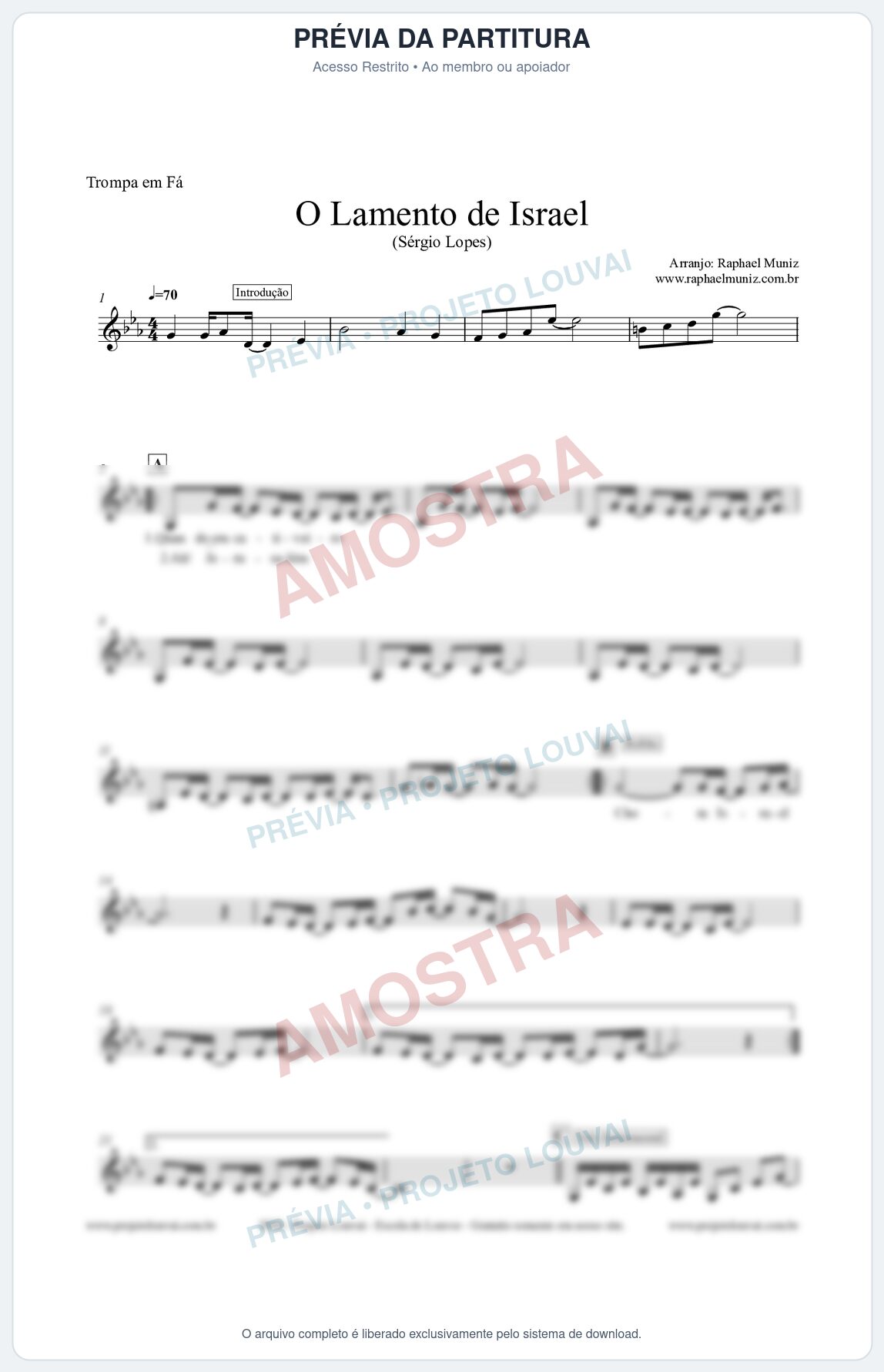 Prévia protegida da primeira página da partitura Partitura para Trompa em Fá - O Lamento de Israel - Sérgio Lopes