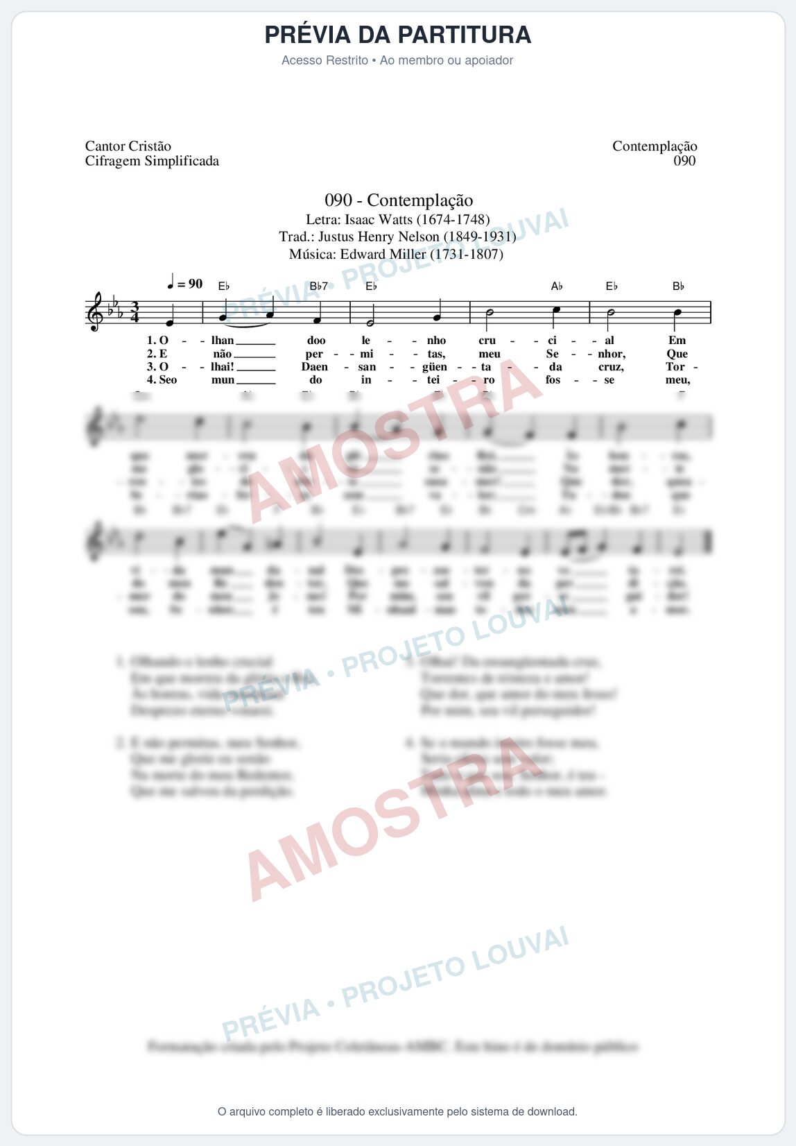 Prévia protegida da primeira página da partitura Partitura da música Contemplação (Cantor Cristão nº90) - Cantor Cristão - Tom Eb