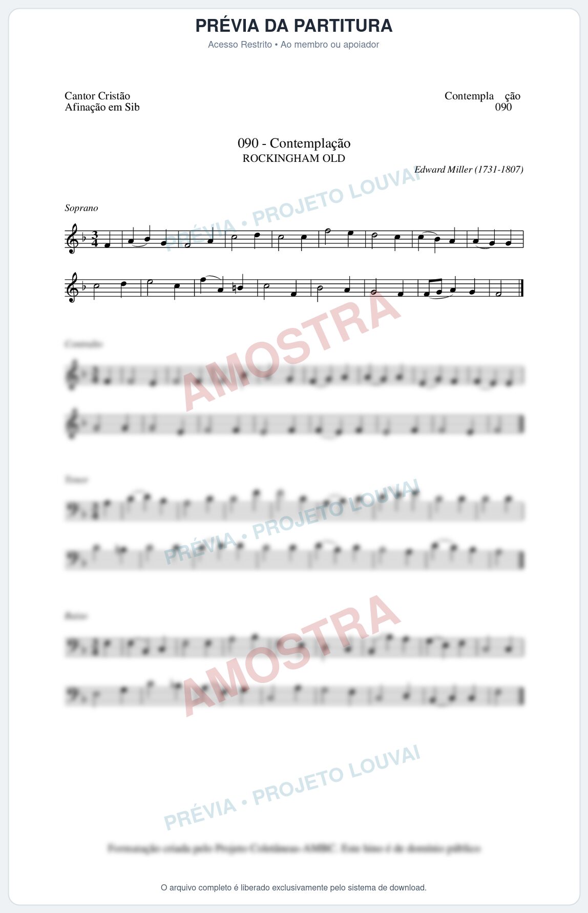 Prévia protegida da primeira página da partitura Partitura da música Contemplação (Cantor Cristão nº90) - Cantor Cristão - Tom F