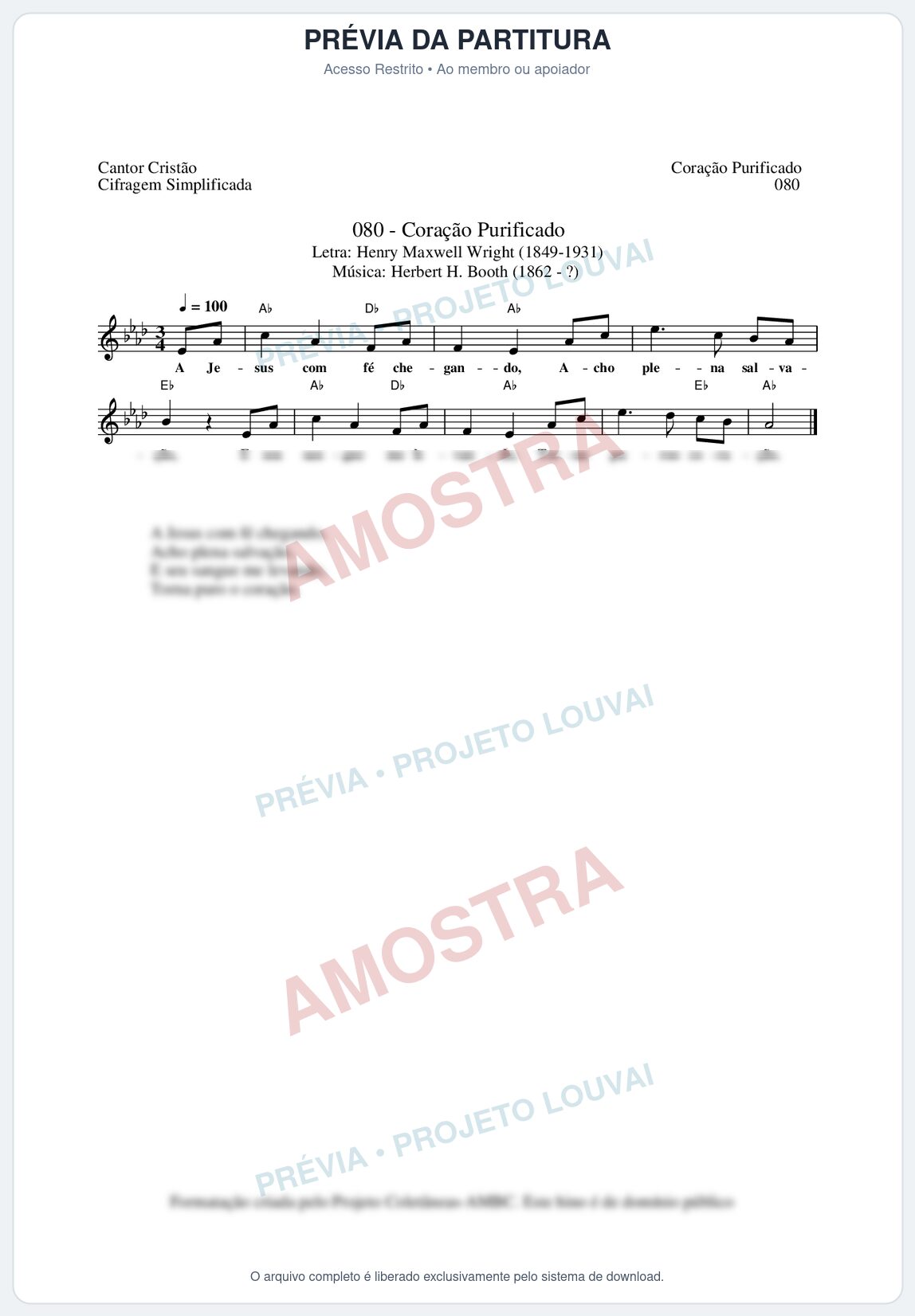 Prévia protegida da primeira página da partitura Partitura da música Coração Purificado (Cantor Cristão nº80) - Cantor Cristão - Tom Ab