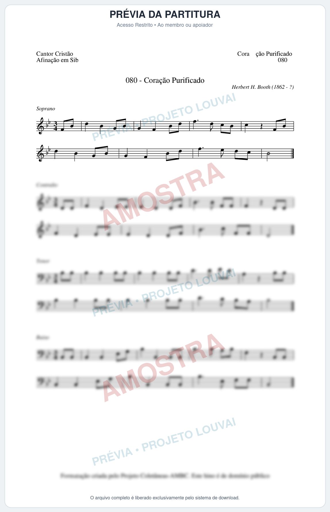 Prévia protegida da primeira página da partitura Partitura da música Coração Purificado (Cantor Cristão nº80) - Cantor Cristão - Tom Bb