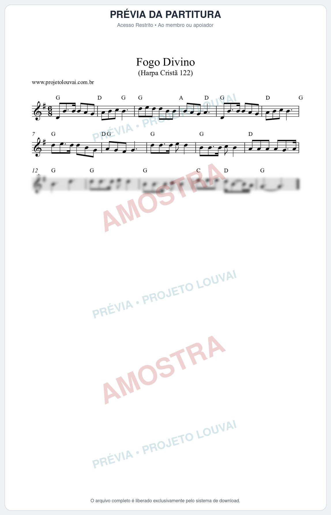 Prévia protegida da primeira página da partitura Partitura da música Fogo Divino (Harpa Cristã nº122) - Harpa Cristã - Tom G