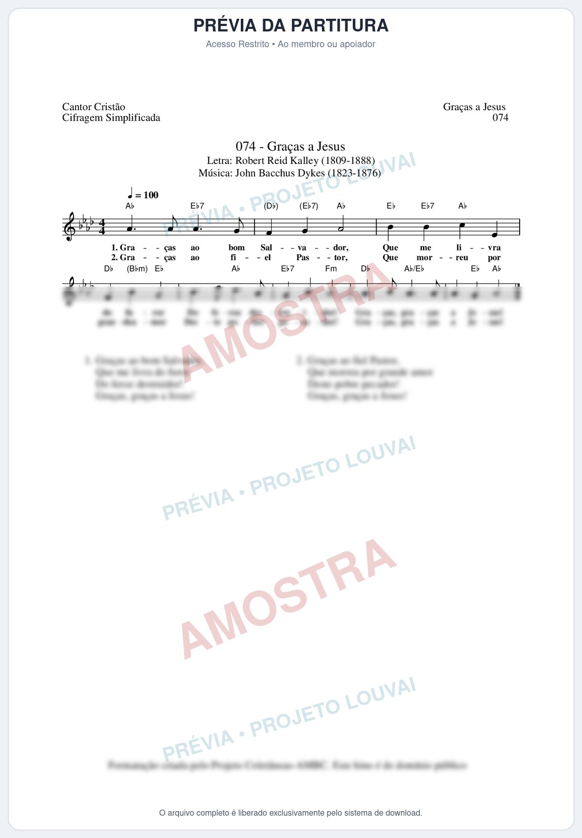 Prévia protegida da primeira página da partitura Partitura da música Graças a Jesus (Cantor Cristão nº74) - Cantor Cristão - Tom Ab