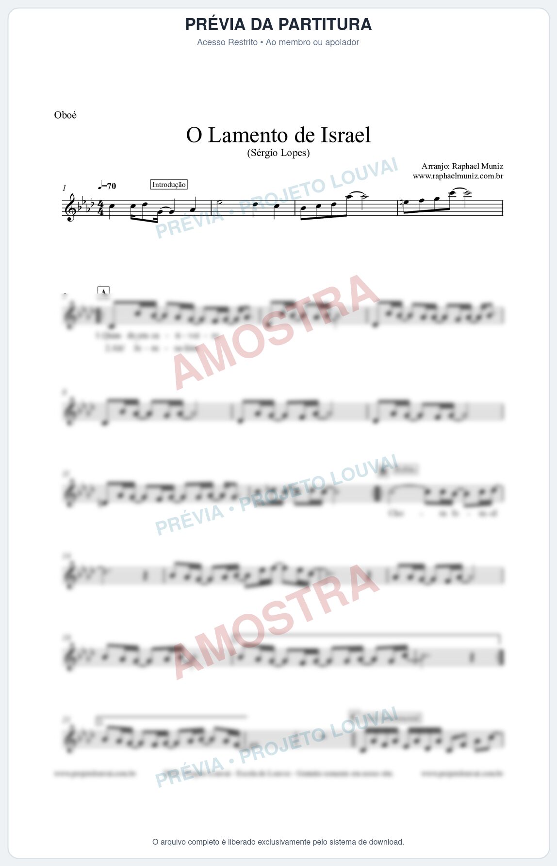 Prévia protegida da primeira página da partitura Partitura para Oboé - O Lamento de Israel - Sérgio Lopes