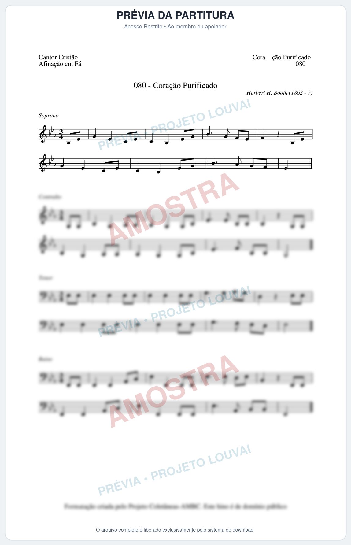 Prévia protegida da primeira página da partitura Partitura da música Coração Purificado (Cantor Cristão nº80) - Cantor Cristão - Tom Eb