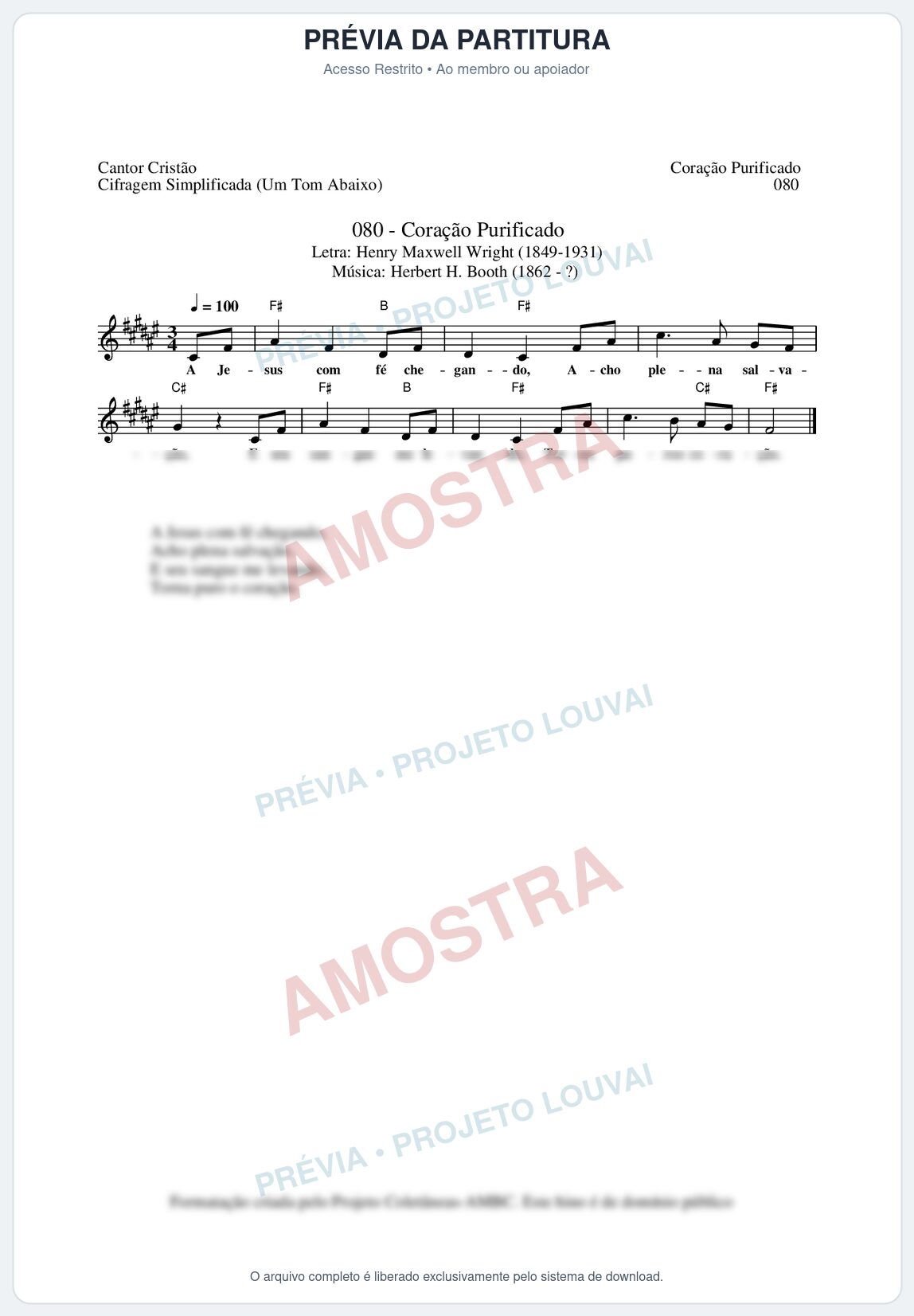 Prévia protegida da primeira página da partitura Partitura da música Coração Purificado (Cantor Cristão nº80) - Cantor Cristão - Tom F#