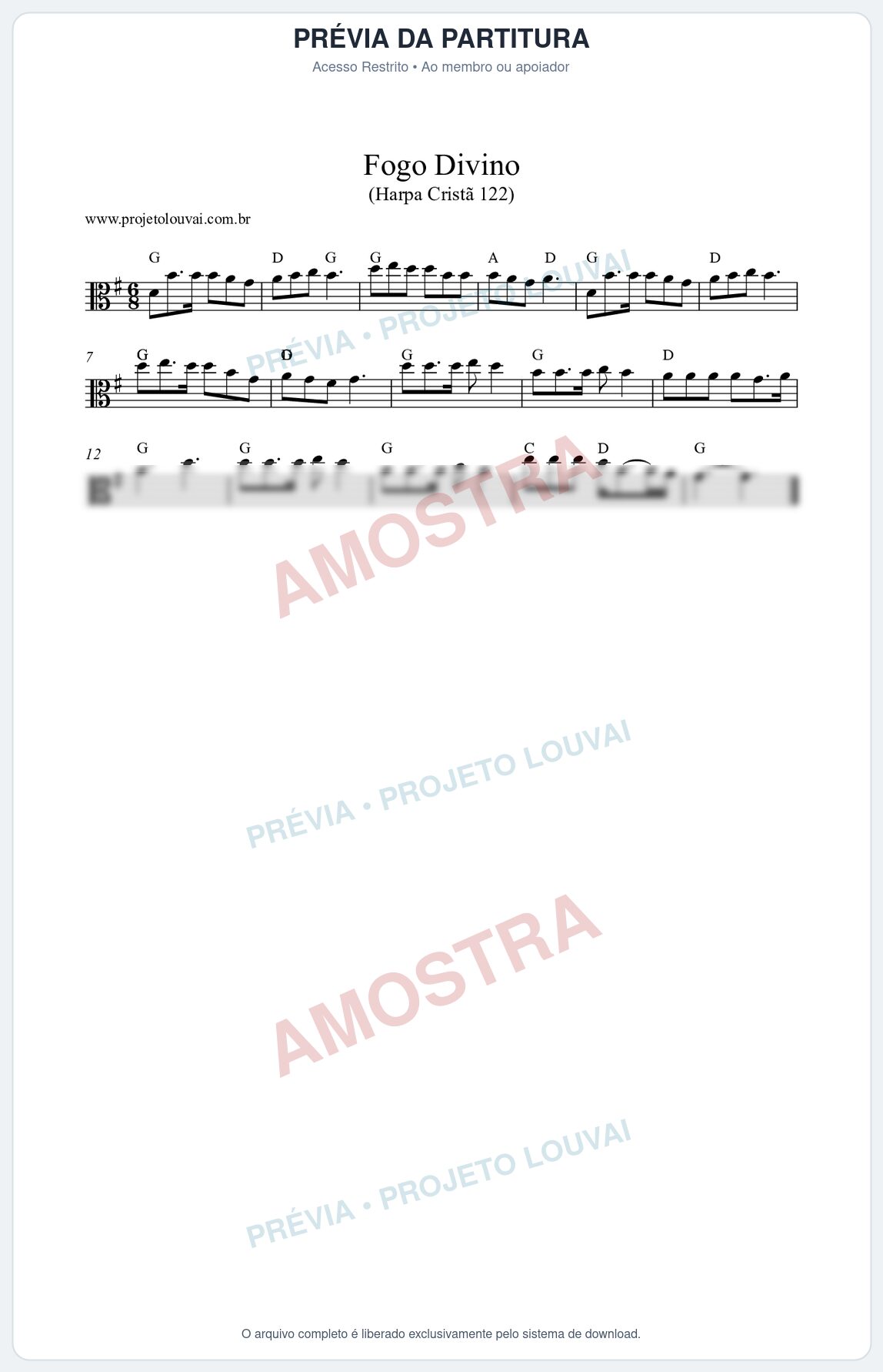 Prévia protegida da primeira página da partitura Partitura da música Fogo Divino (Harpa Cristã nº122) - Harpa Cristã - Tom G