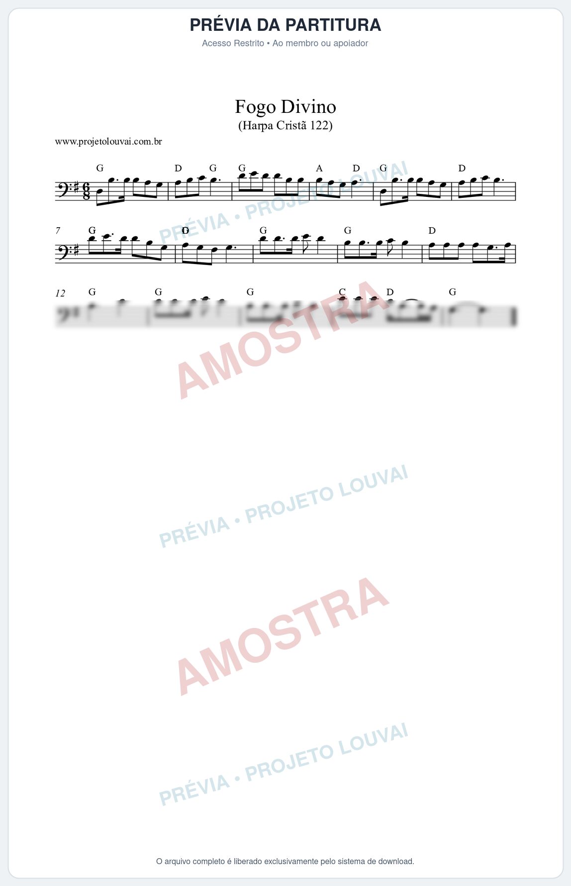Prévia protegida da primeira página da partitura Partitura da música Fogo Divino (Harpa Cristã nº122) - Harpa Cristã - Tom G