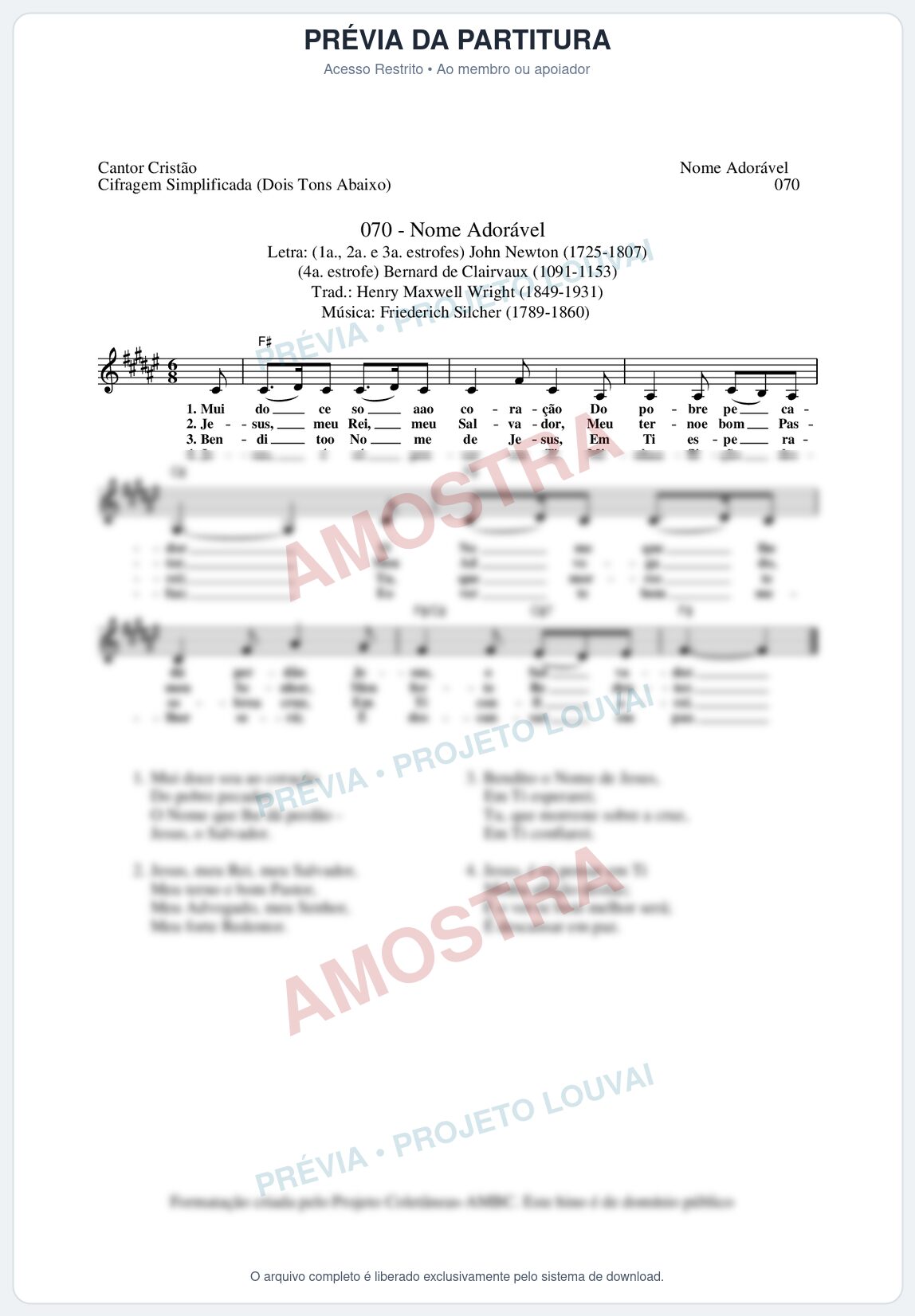 Prévia protegida da primeira página da partitura Partitura da música Nome Adorável (Cantor Cristão nº70) - Cantor Cristão - Tom F#