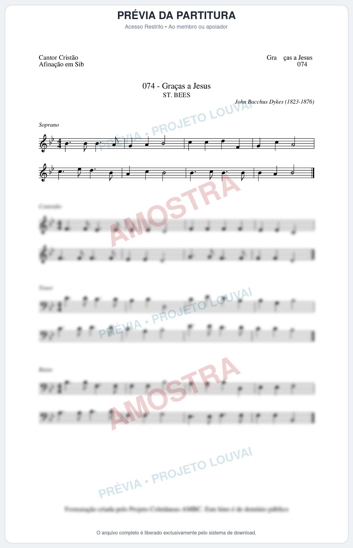 Prévia protegida da primeira página da partitura Partitura da música Graças a Jesus (Cantor Cristão nº74) - Cantor Cristão - Tom Bb