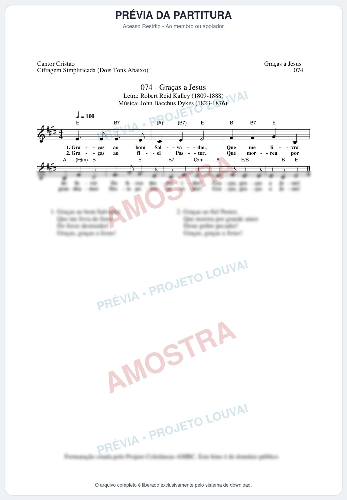 Prévia protegida da primeira página da partitura Partitura da música Graças a Jesus (Cantor Cristão nº74) - Cantor Cristão - Tom E