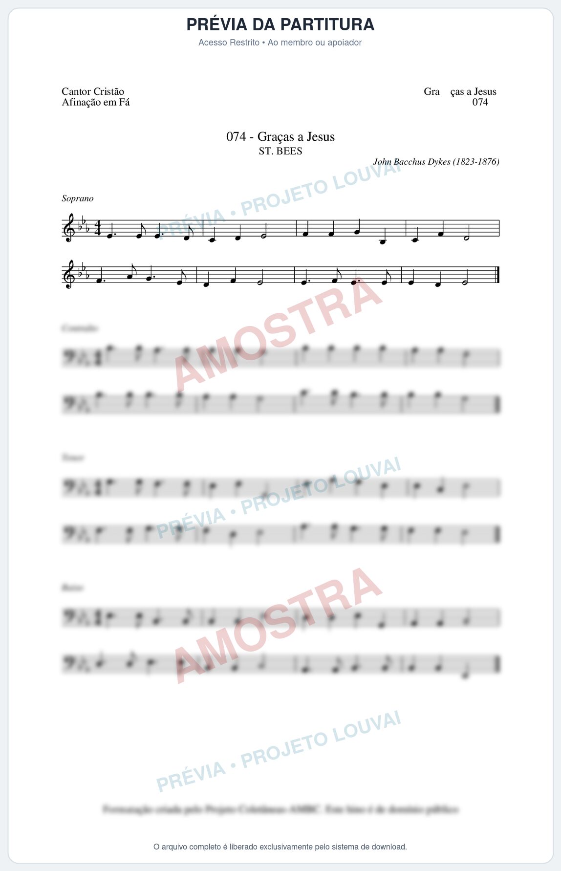 Prévia protegida da primeira página da partitura Partitura da música Graças a Jesus (Cantor Cristão nº74) - Cantor Cristão - Tom Eb