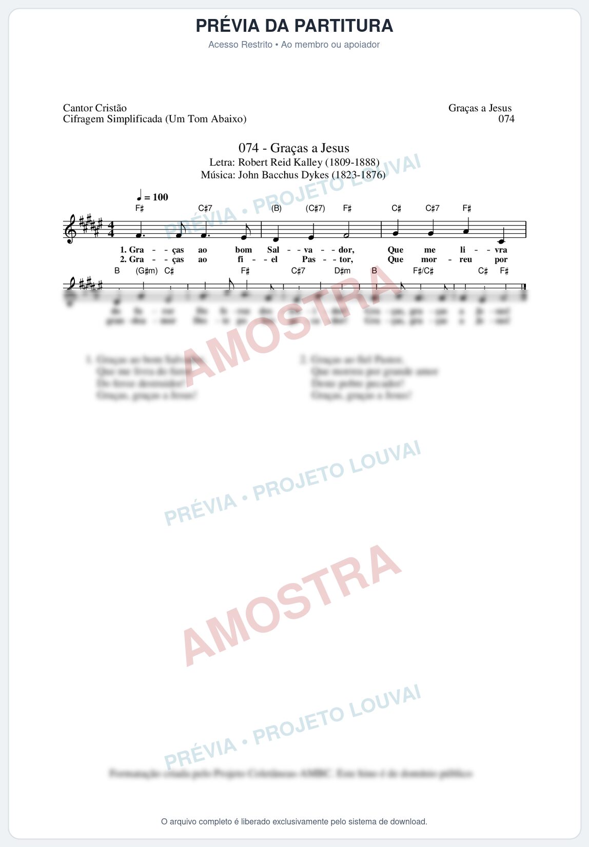 Prévia protegida da primeira página da partitura Partitura da música Graças a Jesus (Cantor Cristão nº74) - Cantor Cristão - Tom F#