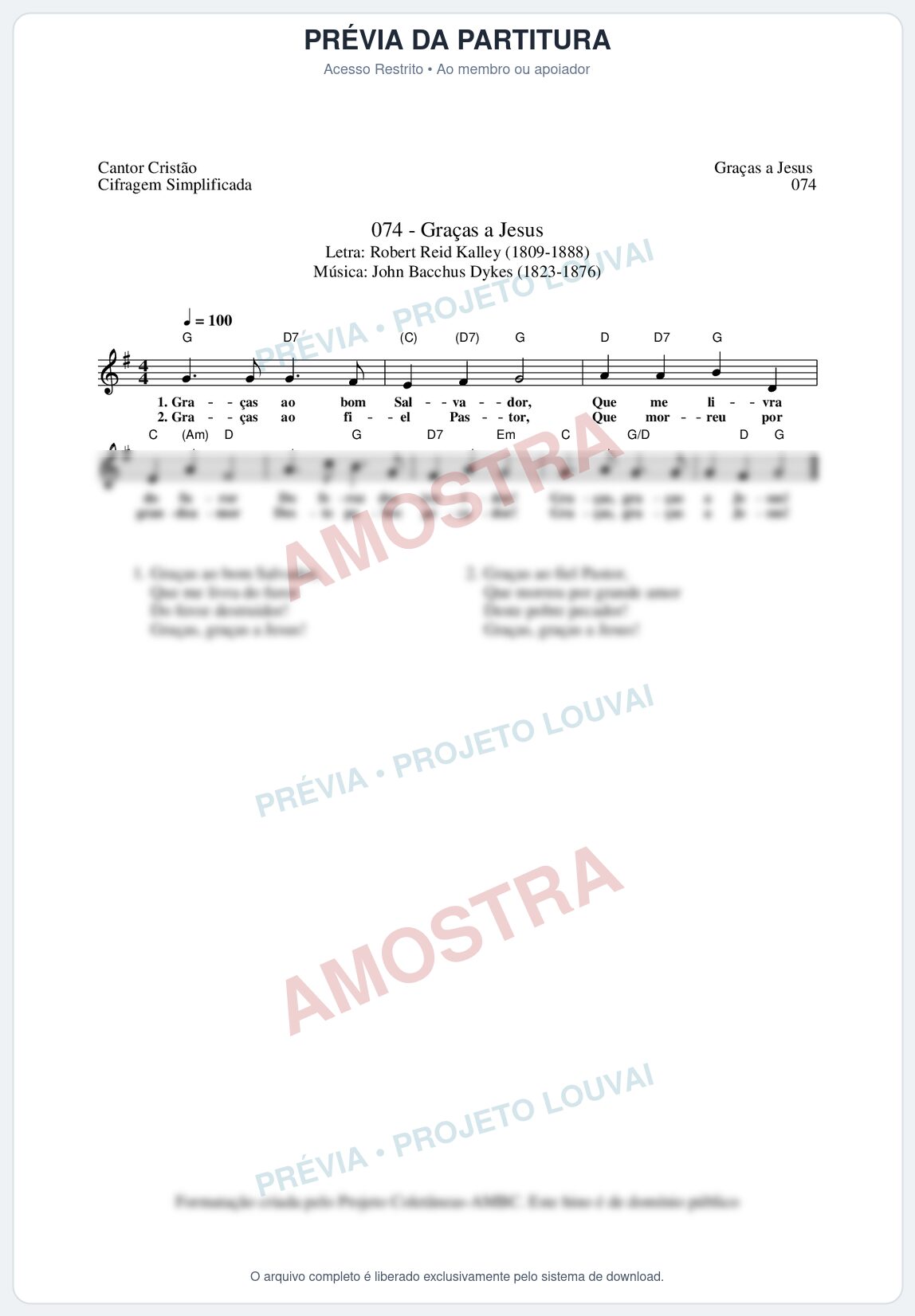 Prévia protegida da primeira página da partitura Partitura da música Graças a Jesus (Cantor Cristão nº74) - Cantor Cristão - Tom G