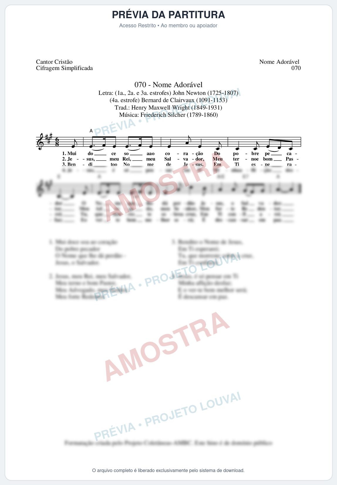 Prévia protegida da primeira página da partitura Partitura da música Nome Adorável (Cantor Cristão nº70) - Cantor Cristão - Tom A