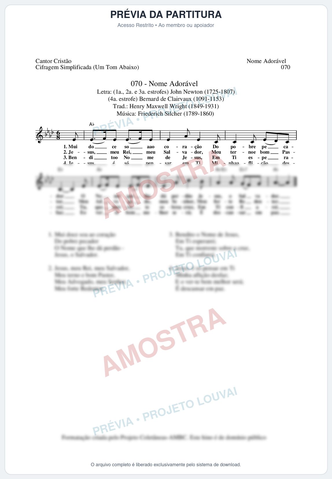 Prévia protegida da primeira página da partitura Partitura da música Nome Adorável (Cantor Cristão nº70) - Cantor Cristão - Tom Ab