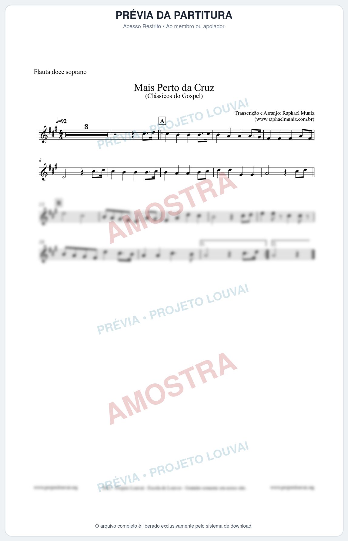 Prévia protegida da primeira página da partitura Partitura para Flauta Doce (Soprano) - Mais Perto da Cruz - Harpa Cristã nº55 - Clássicos do Gospel