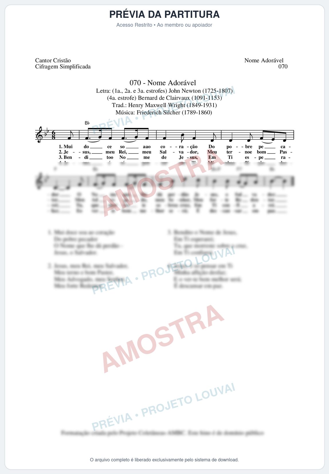 Prévia protegida da primeira página da partitura Partitura da música Nome Adorável (Cantor Cristão nº70) - Cantor Cristão - Tom Bb