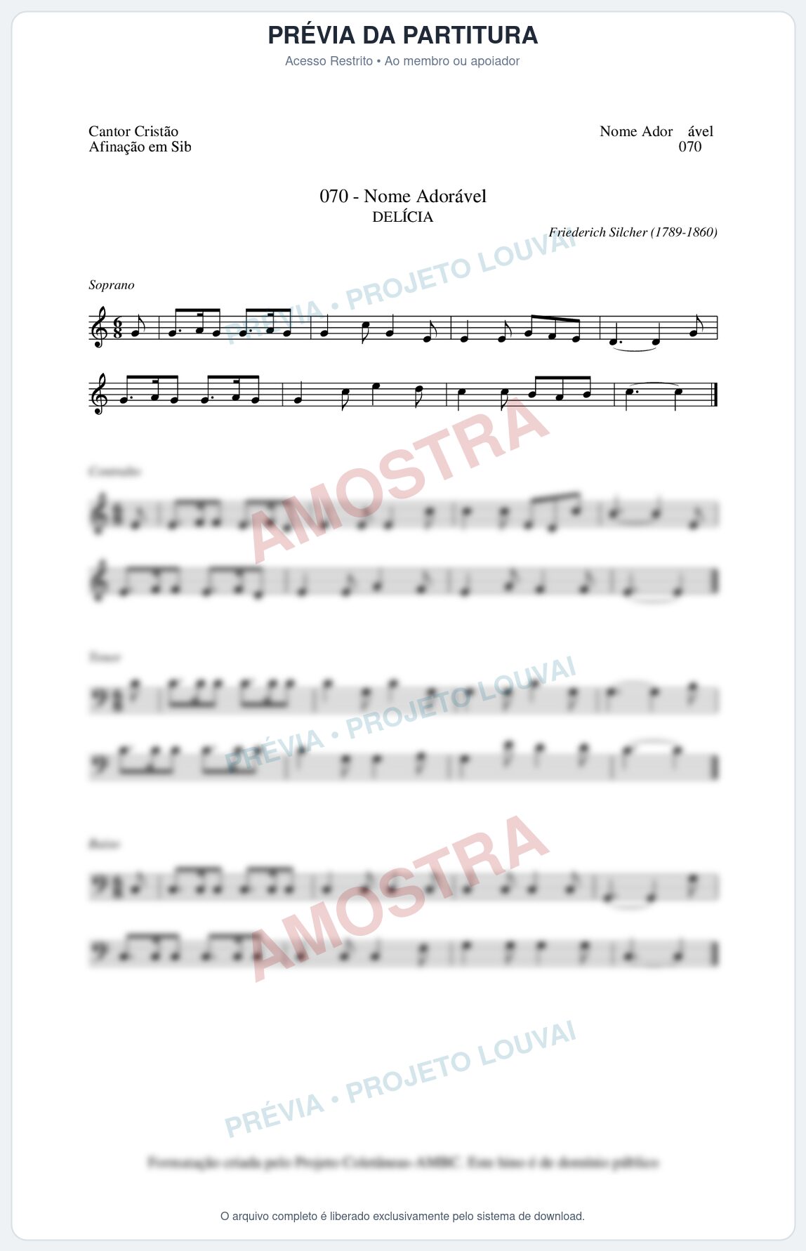 Prévia protegida da primeira página da partitura Partitura da música Nome Adorável (Cantor Cristão nº70) - Cantor Cristão - Tom C
