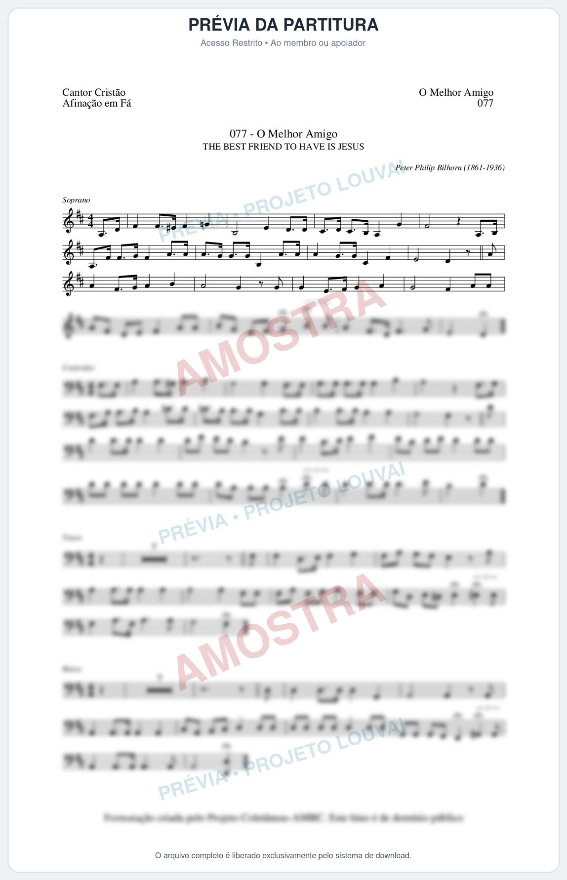 Prévia protegida da primeira página da partitura Partitura da música O Melhor Amigo (Cantor Cristão nº77) - Cantor Cristão - Tom D