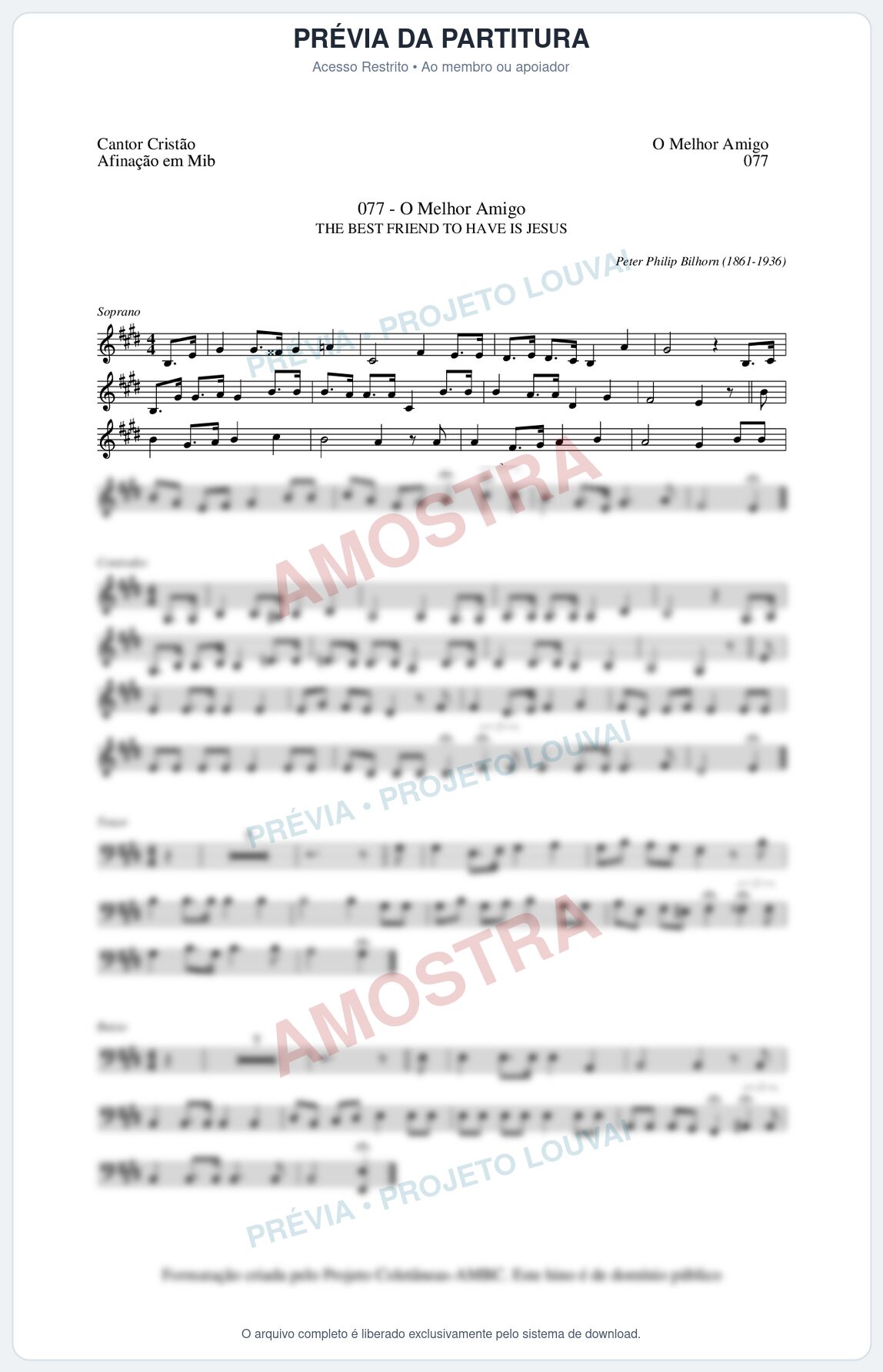 Prévia protegida da primeira página da partitura Partitura da música O Melhor Amigo (Cantor Cristão nº77) - Cantor Cristão - Tom E